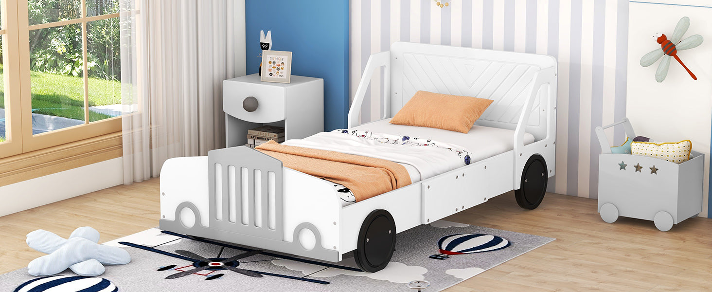 Twin Size Car Shaped Platform Bed With Wheels,White White Plywood