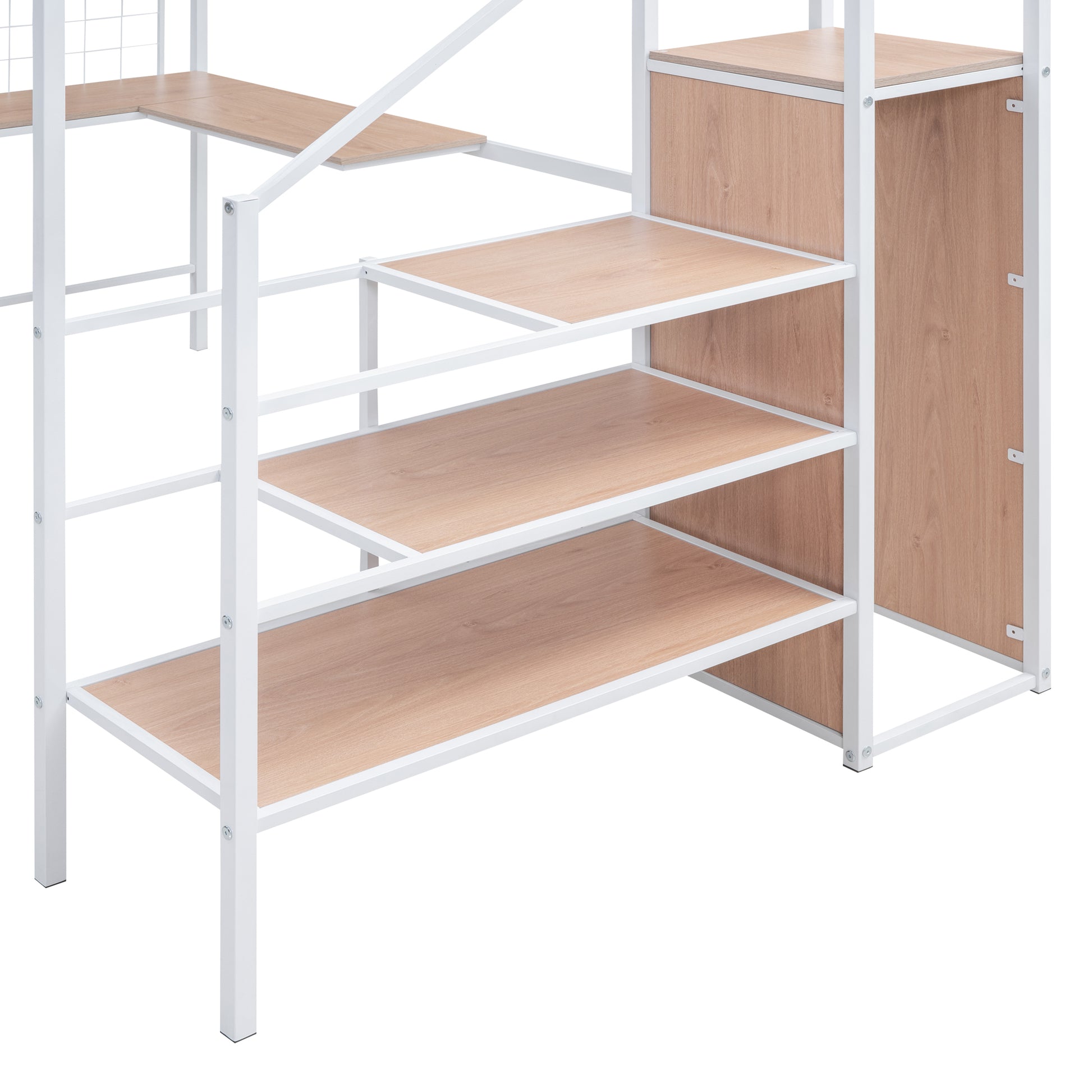 Full Size Metal Loft Bed With Desk And Metal Grid, Stylish Metal Frame Bed With Lateral Storage Ladder And Wardrobe, White White Metal