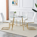 Table And Chair Set, Circular Dining Table, Glass Tabletop With A Diameter Of 40 Inches And Gold Plated Metal Legs, Paired With 4 White Pu Cushions And Gold Plated Metal Foot Dining Chairs. Dt 1164 Golden Metal