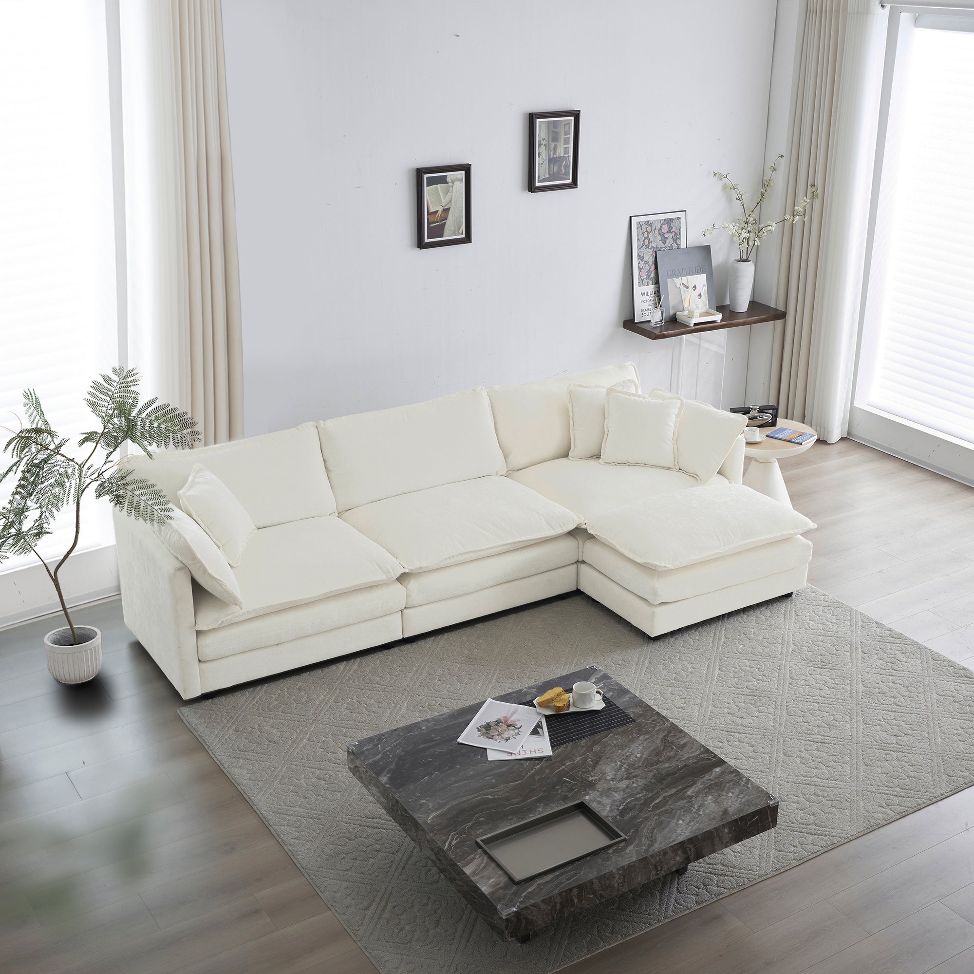 Free Combination Comfy Upholstery Modular Oversized L Shaped Sectional Sofa With Reversible Ottoman, White Chenille White Chenille 3 Seat