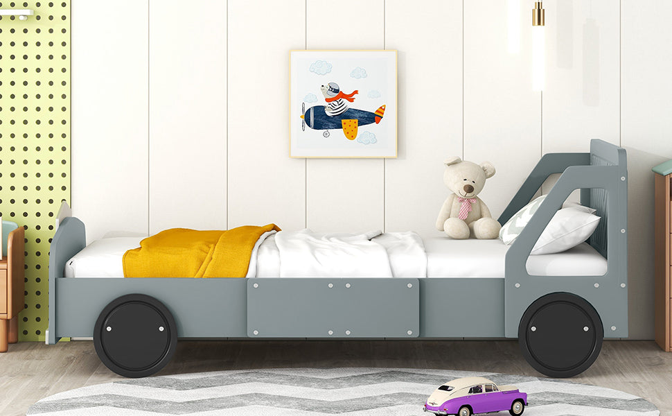 Twin Size Car Shaped Platform Bed With Wheels,Gray Gray Plywood
