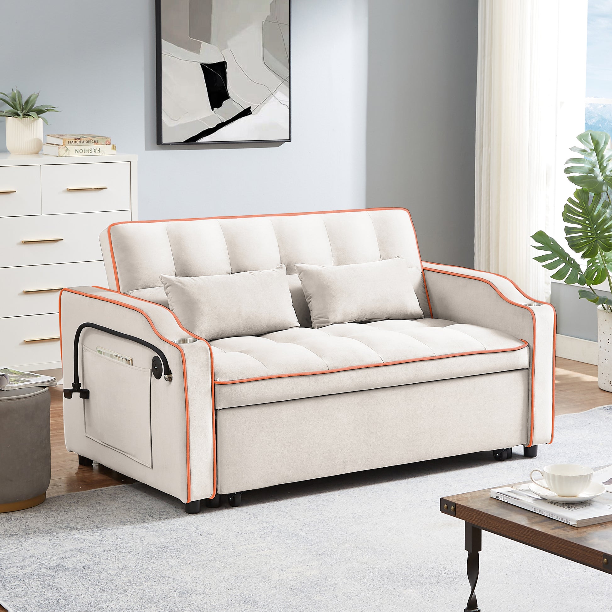 1 Versatile Foldable Sofa Bed In 3 Lengths, Modern Sofa Sofa Sofa Velvet Pull Out Bed, Adjustable Back And With Usb Port And Ashtray And Swivel Phone Stand Beige Beige Eucalyptus Solid Wood Mdf Resin