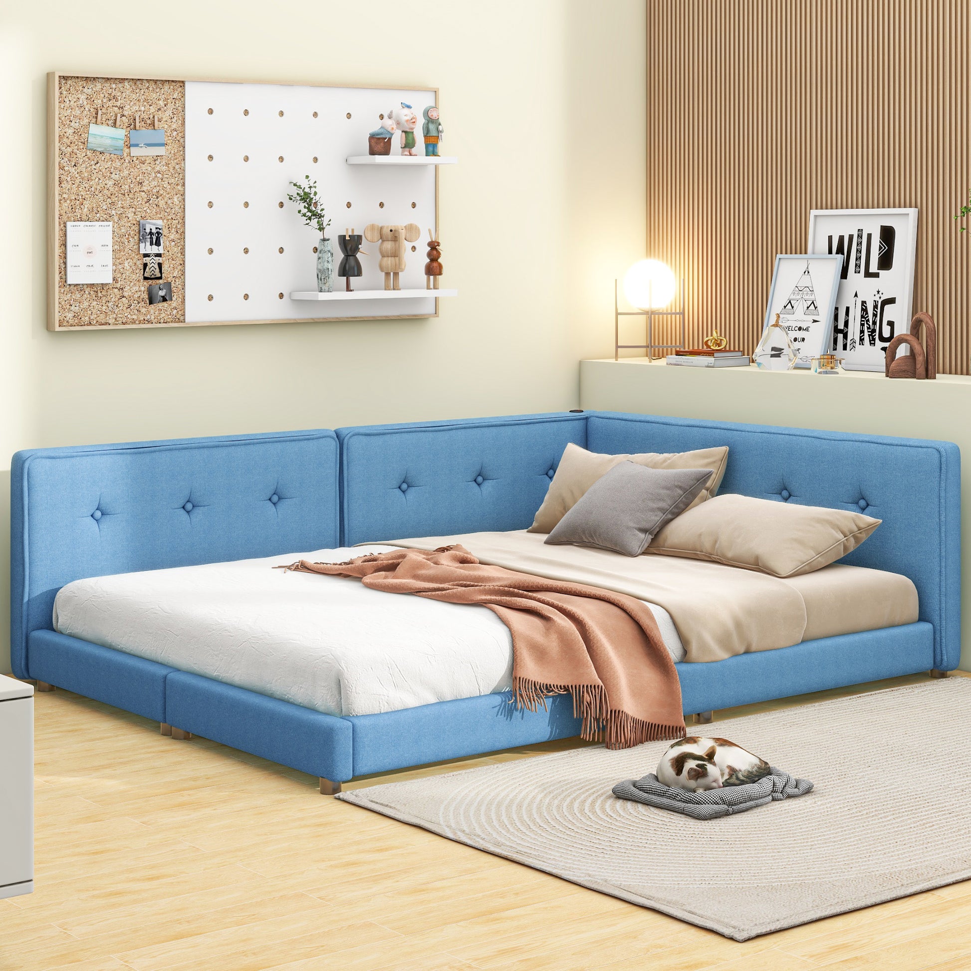 Upholstered Full Size Platform Bed With Usb Ports, Blue Full Blue Linen