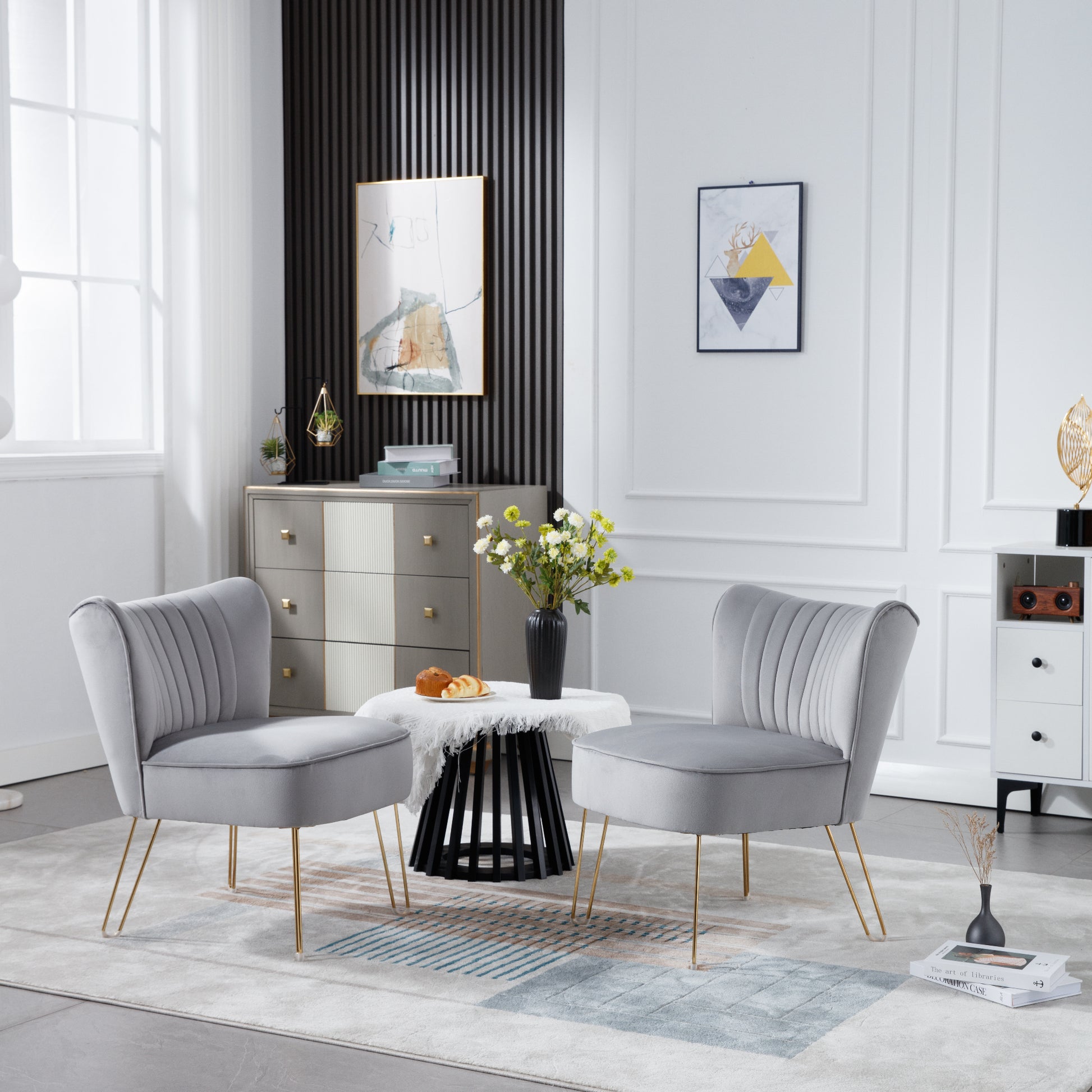 Hengming Modern Velvet Chair, Armless Side Chair, Metal Leg Chair, Suitable For Living Room And Bedroom Set Of 2 Light Gray Velvet