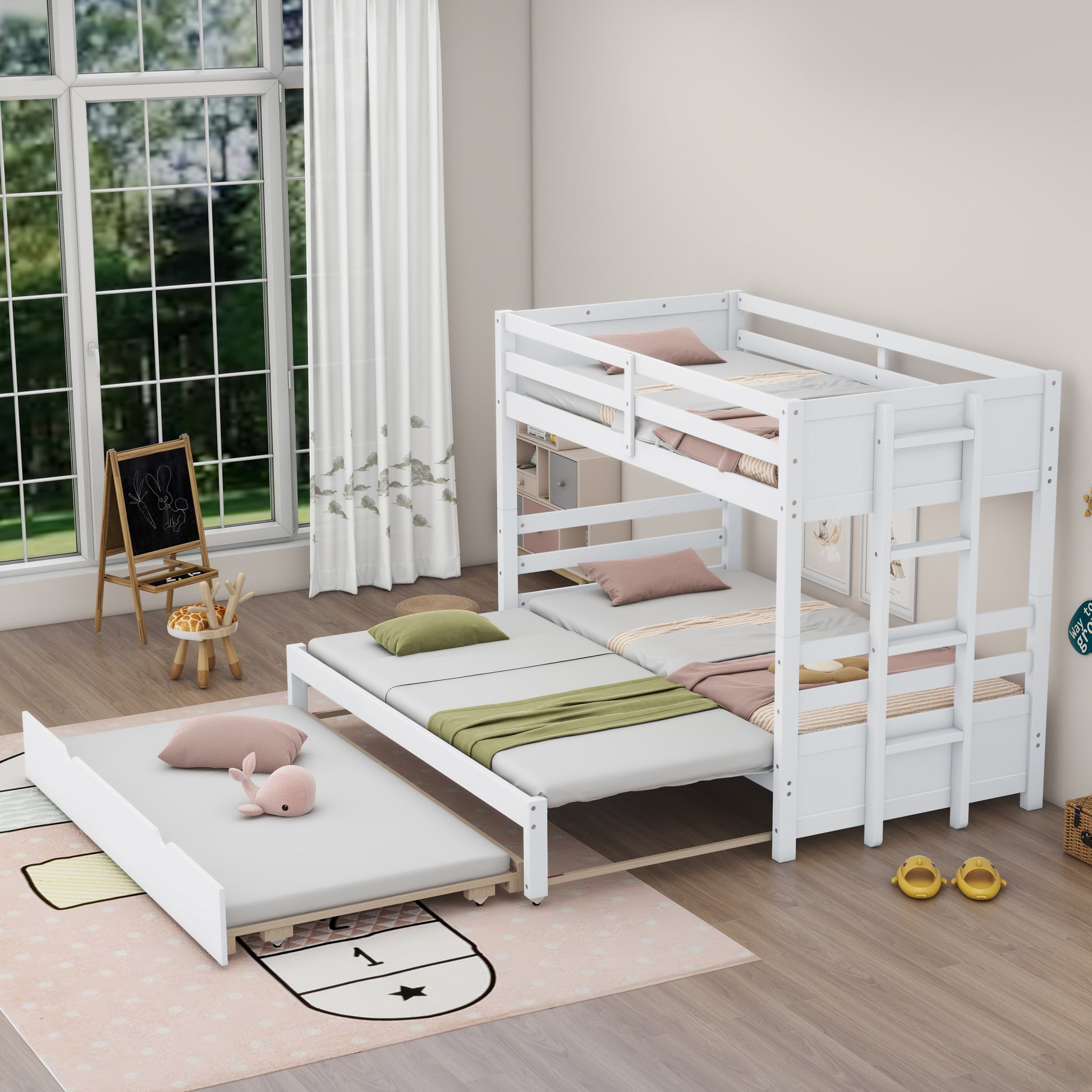 Twin Over Pull Out Bunk Bed With Trundle, White Box Spring Required Twin White Wood Brown Bedroom American Design,Artsy Pine Bed Frame Pine