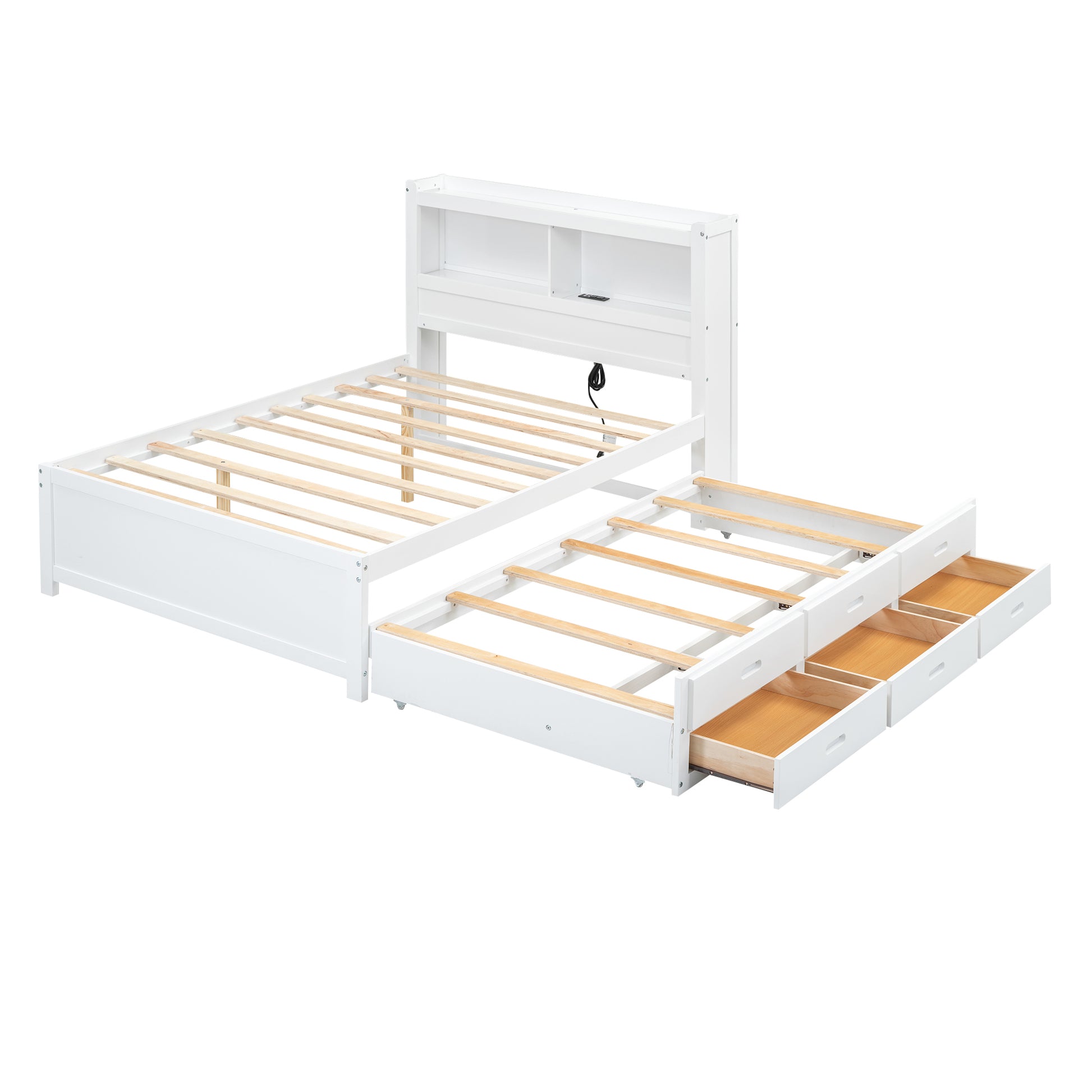 Full Size Platform Bed With Trundle, Drawers And Usb Plugs, White Full White Pine