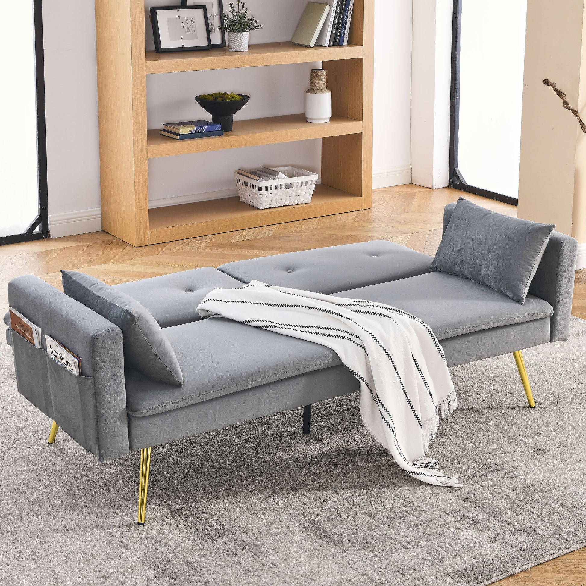 72.5" Convertible Sofa Bed, Adjustable Velvet Sofa Bed Velvet Folding Lounge Recliner Reversible Daybed Ideal For Bedroom With Two Pillows And Center Leg Grey Velvet