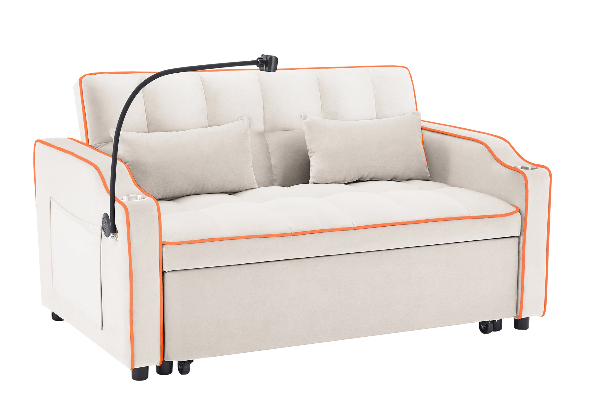 1 Versatile Foldable Sofa Bed In 3 Lengths, Modern Sofa Sofa Sofa Velvet Pull Out Bed, Adjustable Back And With Usb Port And Ashtray And Swivel Phone Stand Beige Beige Eucalyptus Solid Wood Mdf Resin