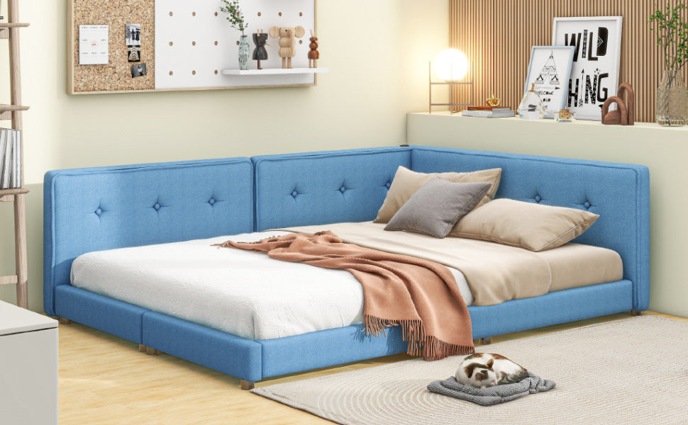 Upholstered Full Size Platform Bed With Usb Ports, Blue Full Blue Linen