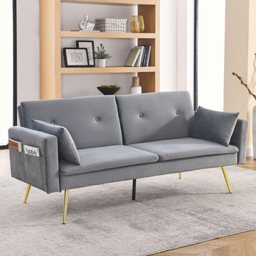 72.5" Convertible Sofa Bed, Adjustable Velvet Sofa Bed Velvet Folding Lounge Recliner Reversible Daybed Ideal For Bedroom With Two Pillows And Center Leg Grey Velvet