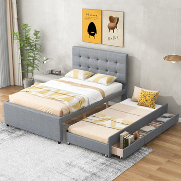 Full Size Upholstered Platform Bed With Pull Out Twin Size Trundle And 3 Drawers, Gray Full Gray Upholstered