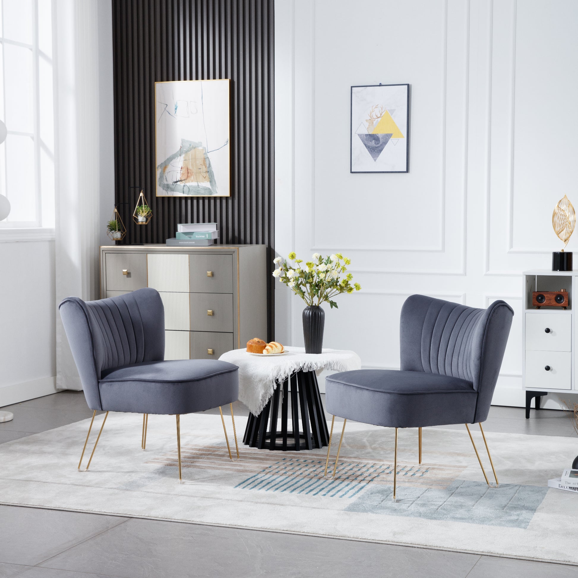 Hengming Modern Velvet Chair, Armless Side Chair, Metal Leg Chair, Suitable For Living Room And Bedroom Set Of 2 Dark Gray Velvet