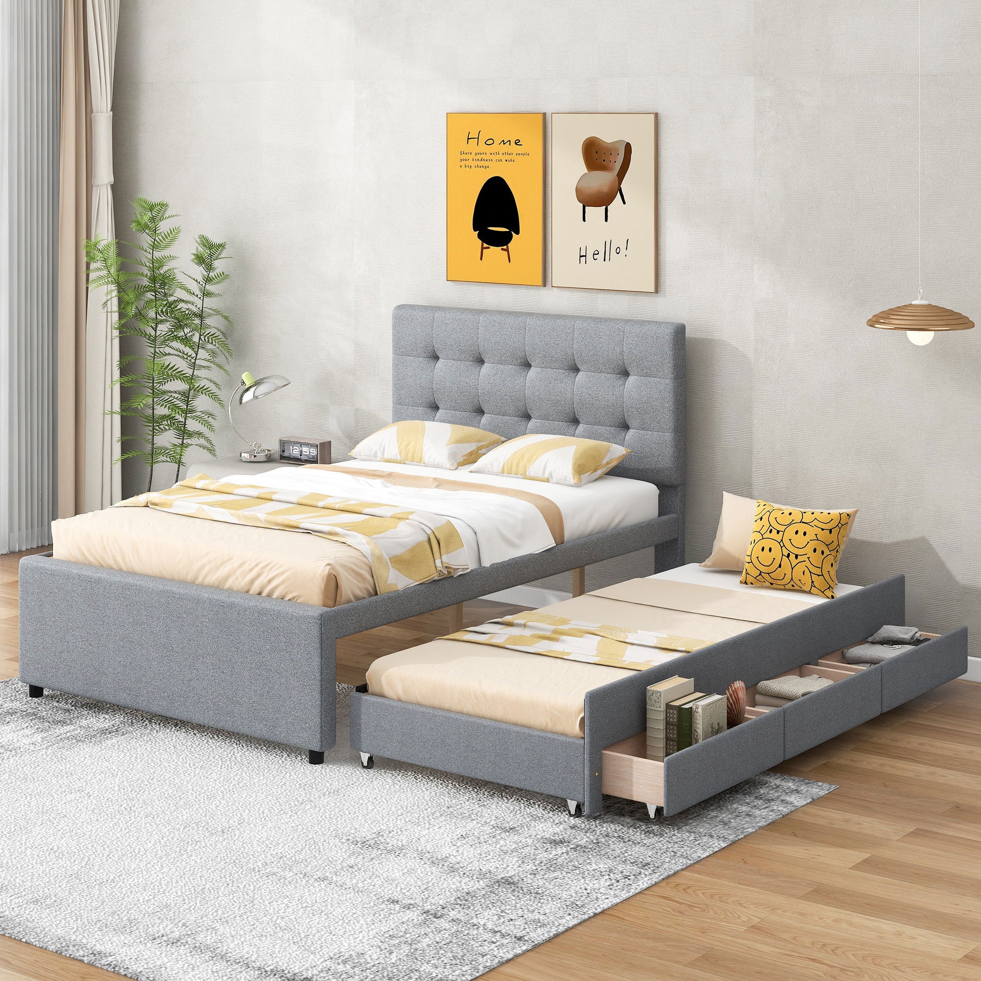 Full Size Upholstered Platform Bed With Pull Out Twin Size Trundle And 3 Drawers, Gray Full Gray Upholstered