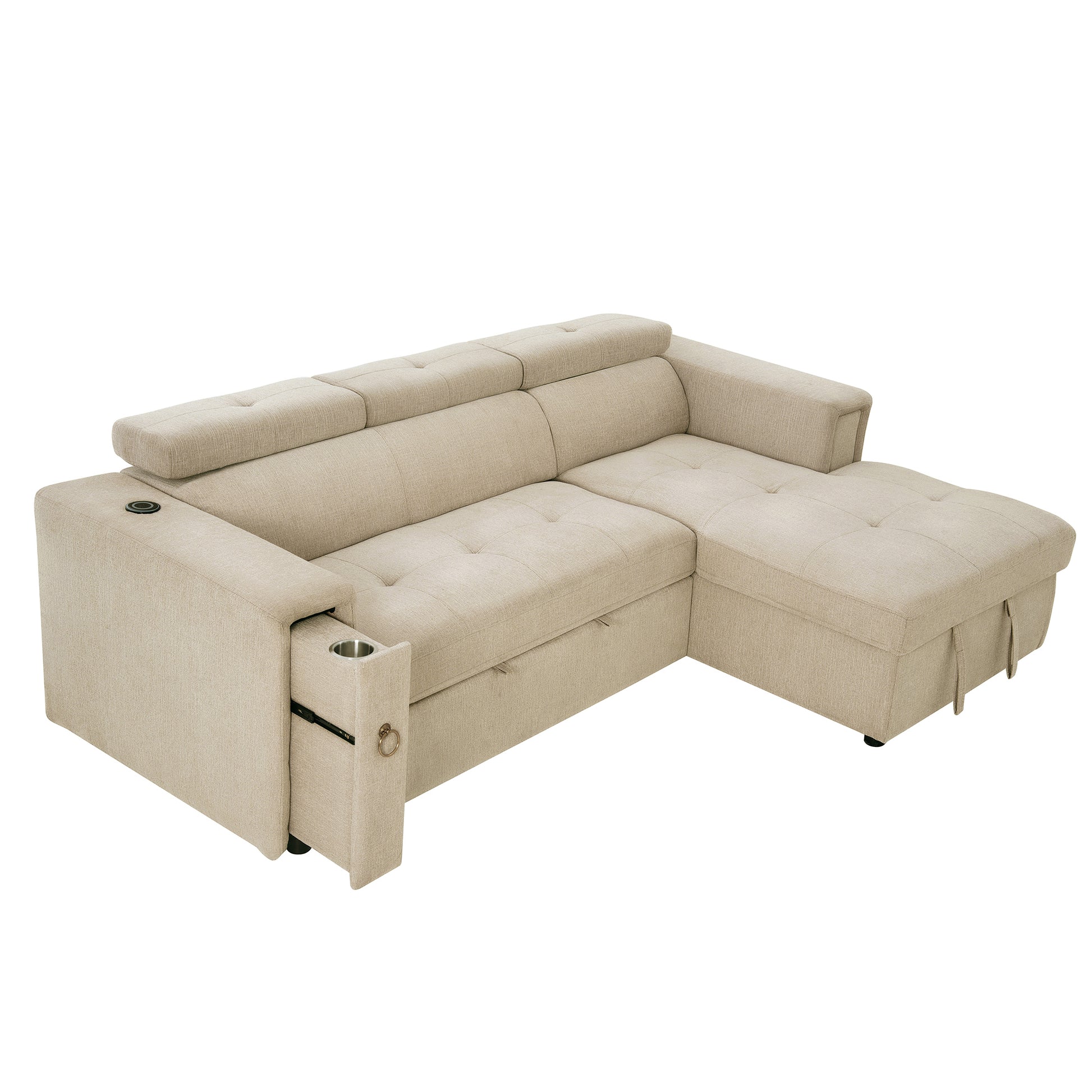 96" Multi Functional Pull Out Sofa Bed L Shape Sectional Sofa With Adjustable Headrest, Wireless Charging, Cup Holders And Hidden Storage For Living Room, Bedroom, Office, Beige Beige Foam Linen
