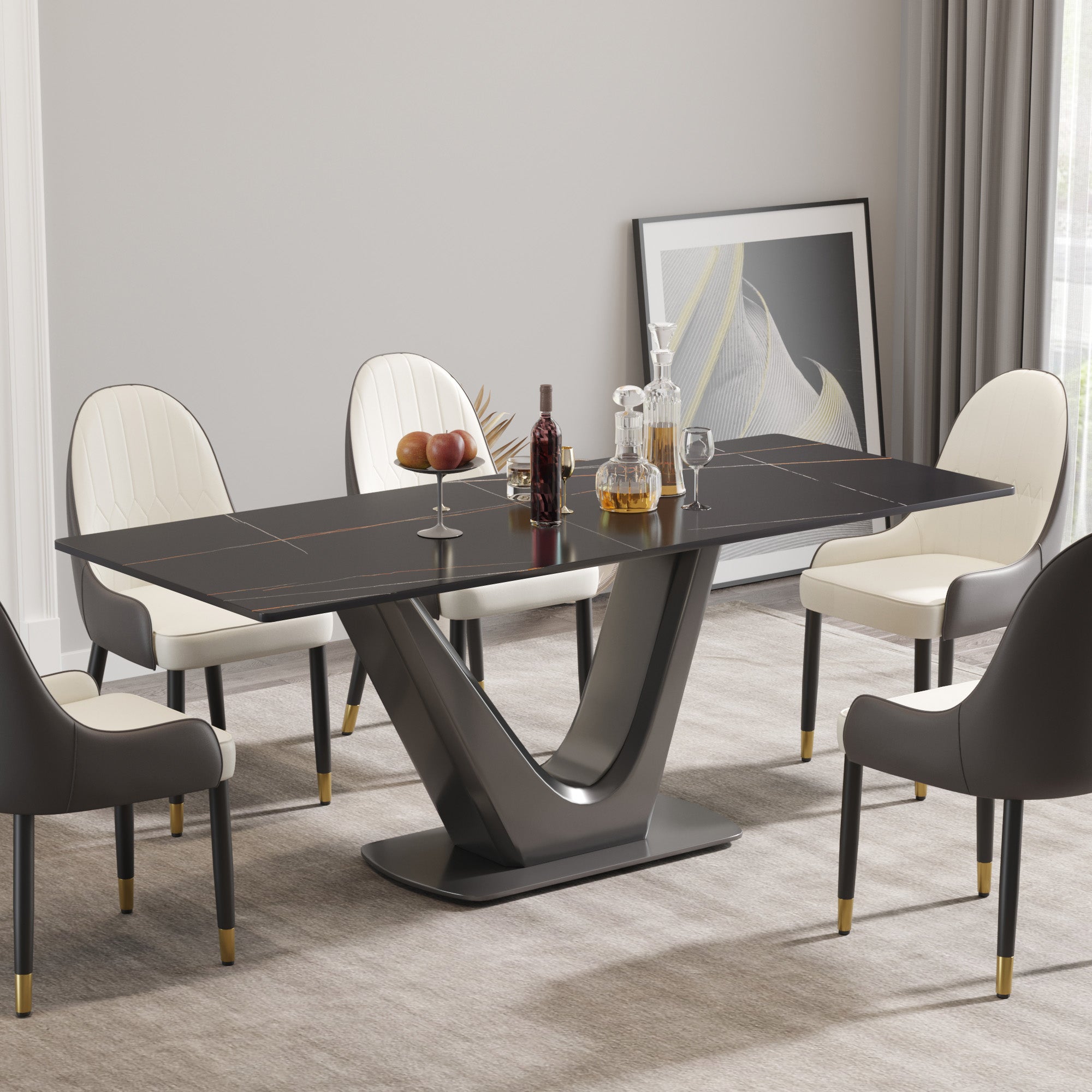 78.74 "Modern Artificial Stone Black Panel Gray V Shaped Metal Legs Can Accommodate 8 People. Black Gray Dining Room Metal Sintered Stone