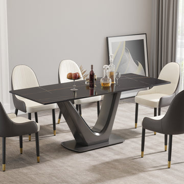 78.74 "Modern Artificial Stone Black Panel Gray V Shaped Metal Legs Can Accommodate 8 People. Black Gray Dining Room Metal Sintered Stone