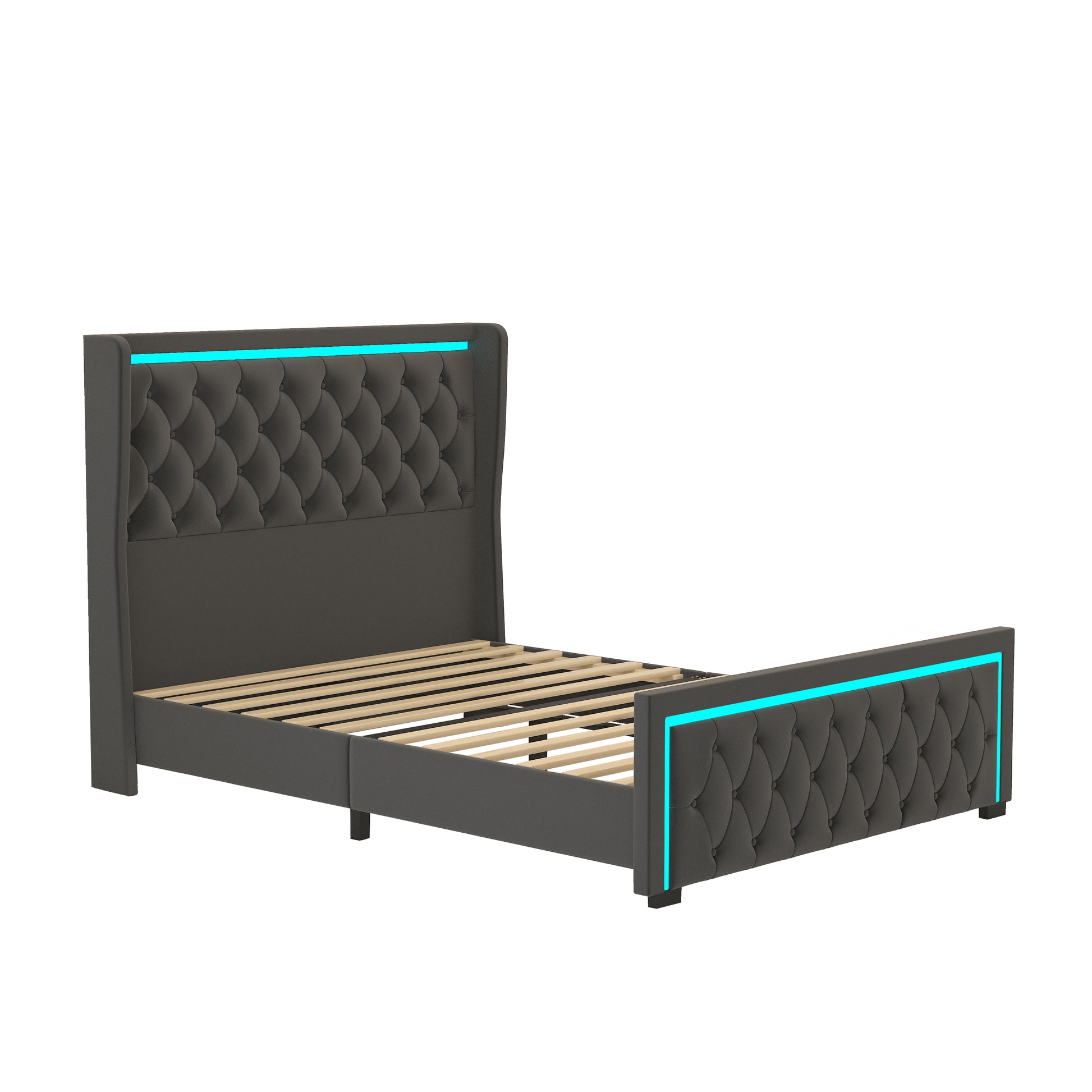 Queen Platform Bed Frame With High Headboard, Velvet Upholstered Bed With Deep Tufted Buttons, Adjustable Colorful Led Light Decorative Headboard, Wide Wingbacks,Black Queen Black Velvet