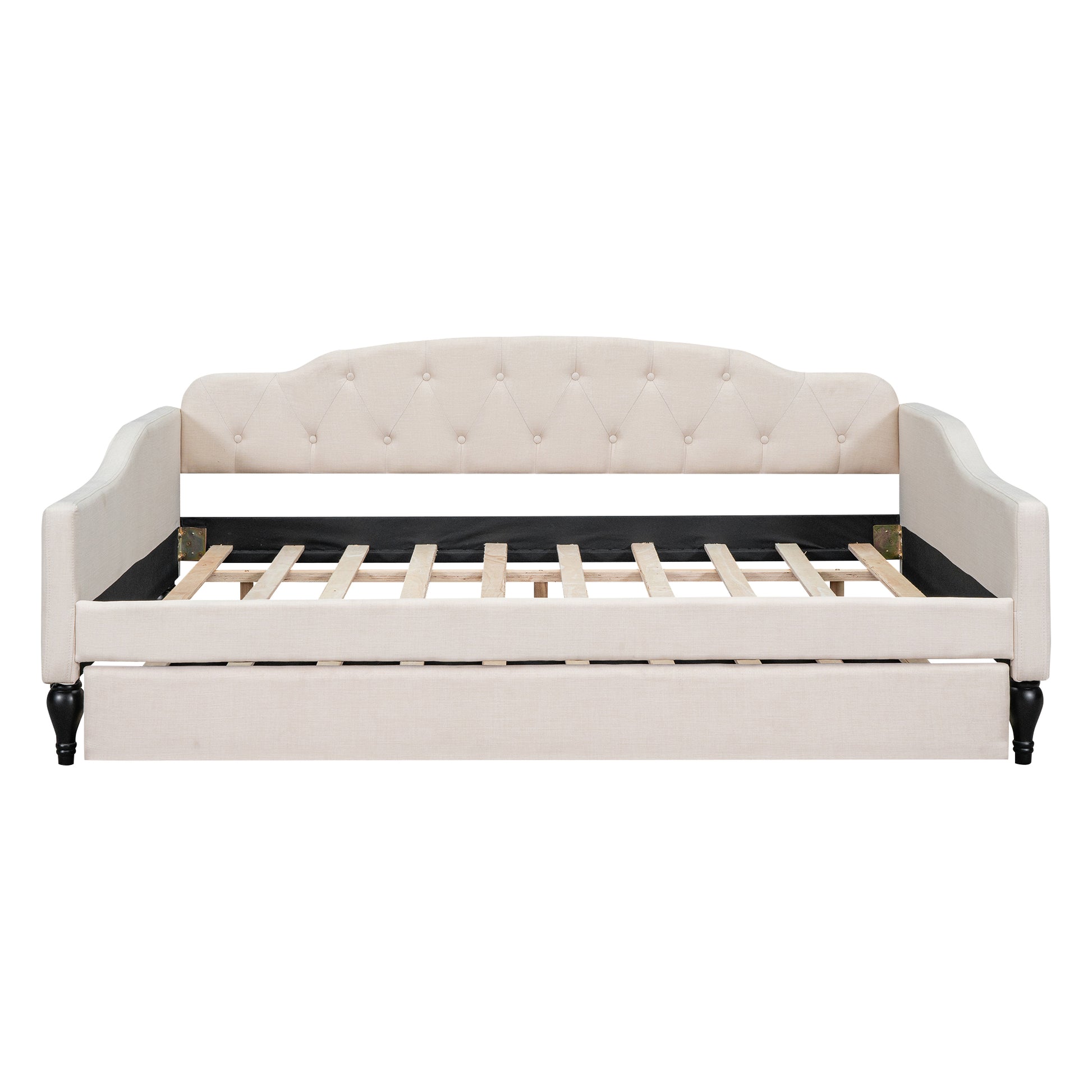 Full Size Upholstered Tufted Daybed With Twin Size Trundle, Beige Box Spring Not Required Full Beige Wood Daybeds Linen Upholstered
