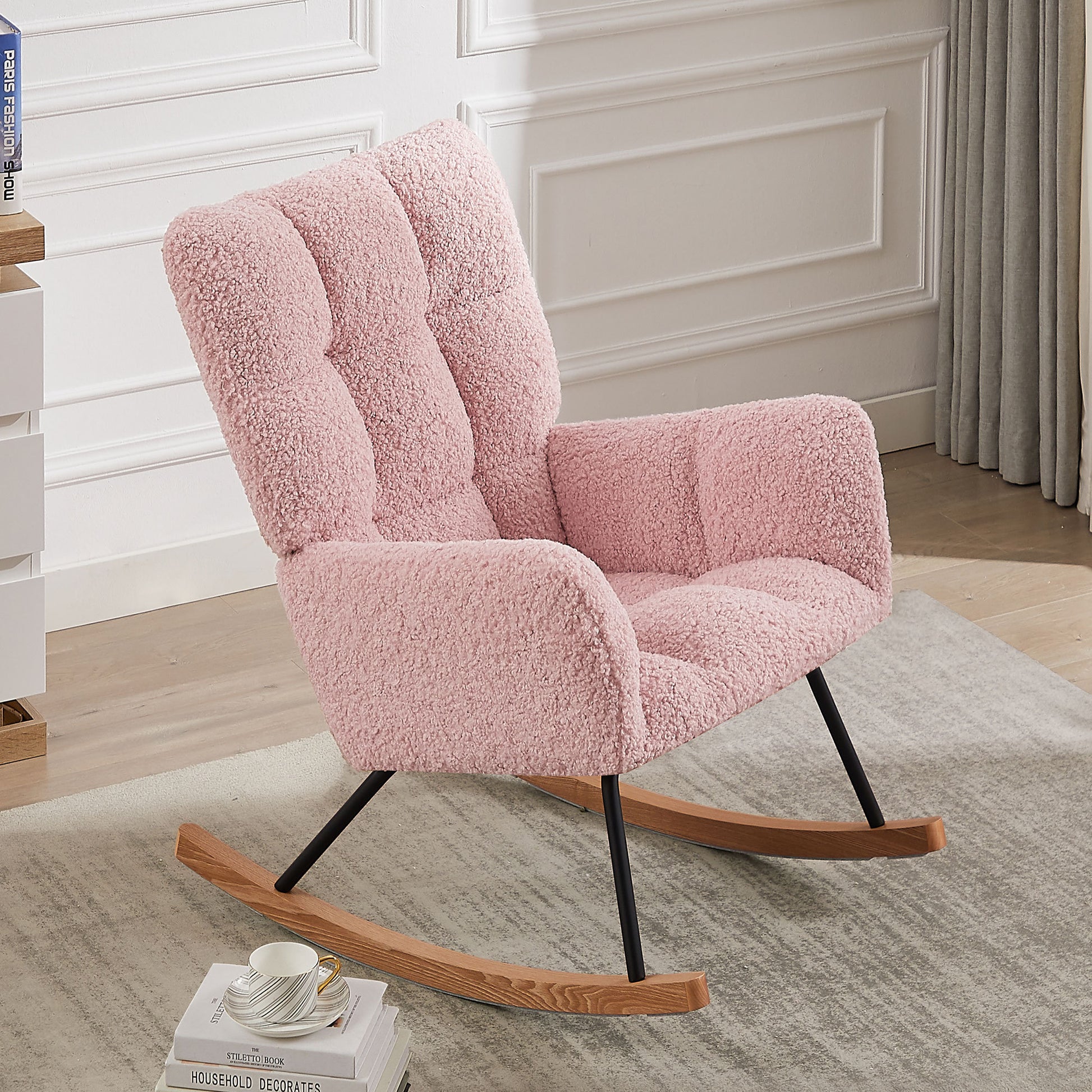 Rocking Chair, Leisure Sofa Glider Chair, Comfy Upholstered Lounge Chair With High Backrest, For Nursing Baby, Reading, Napping Pink Pink Foam Boucle