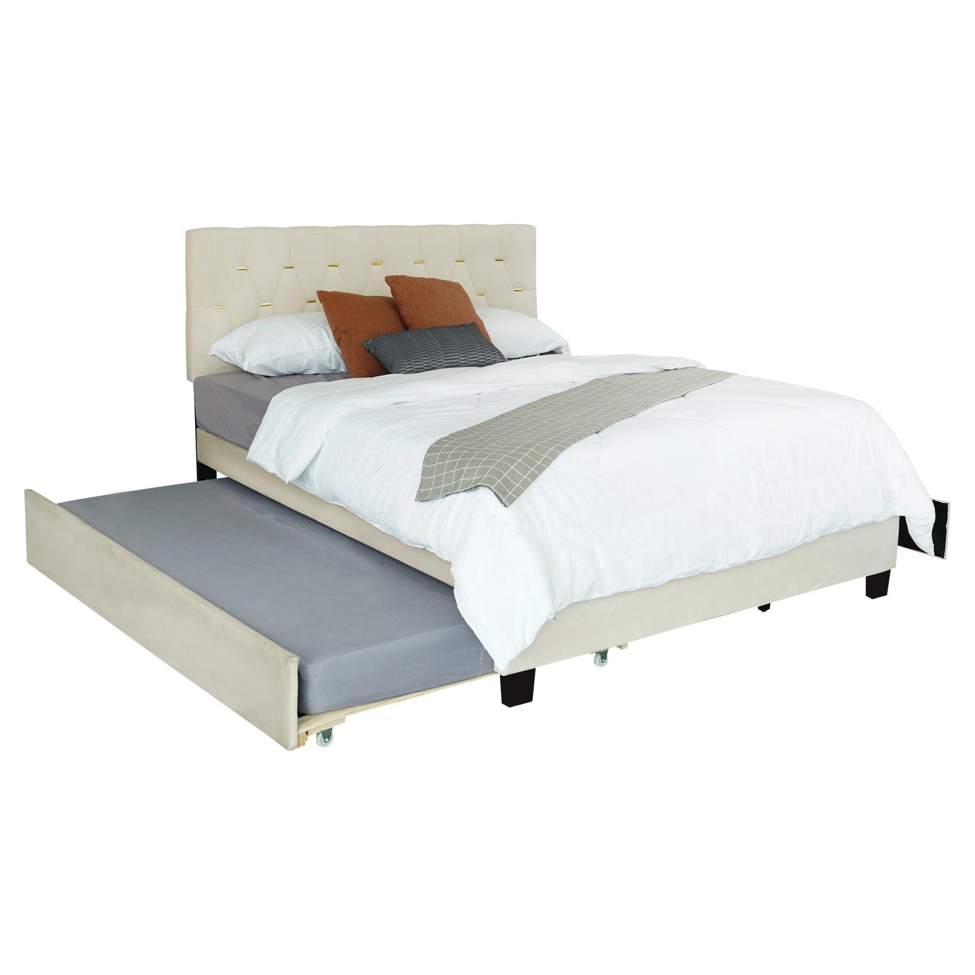 Beige Queen Size Trundle Pull Out Drawers Storage Upholstered Bed Modern Design No Box Spring Required Box Spring Not Required Queen Beige Wood Espresso Bedroom American Design,Casual,Cute,Modern Rubberwood Trundle Bed Included Fiber Foam And Polyester
