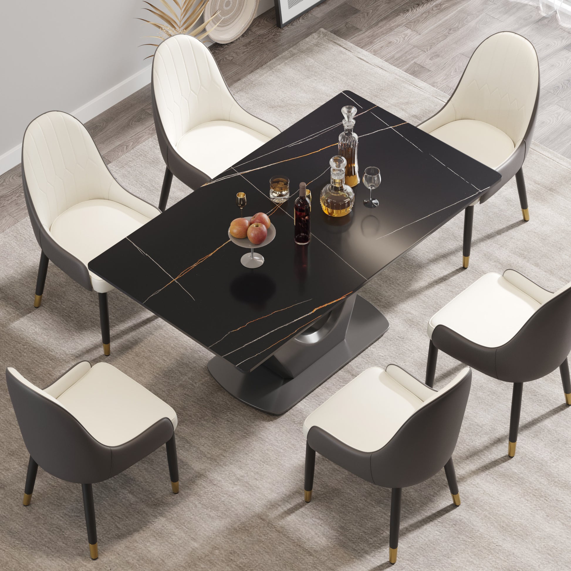 63 "Modern Artificial Stone Black Panel Gray V Shaped Metal Legs Can Accommodate 6 8 People. Black Gray Dining Room Metal Sintered Stone