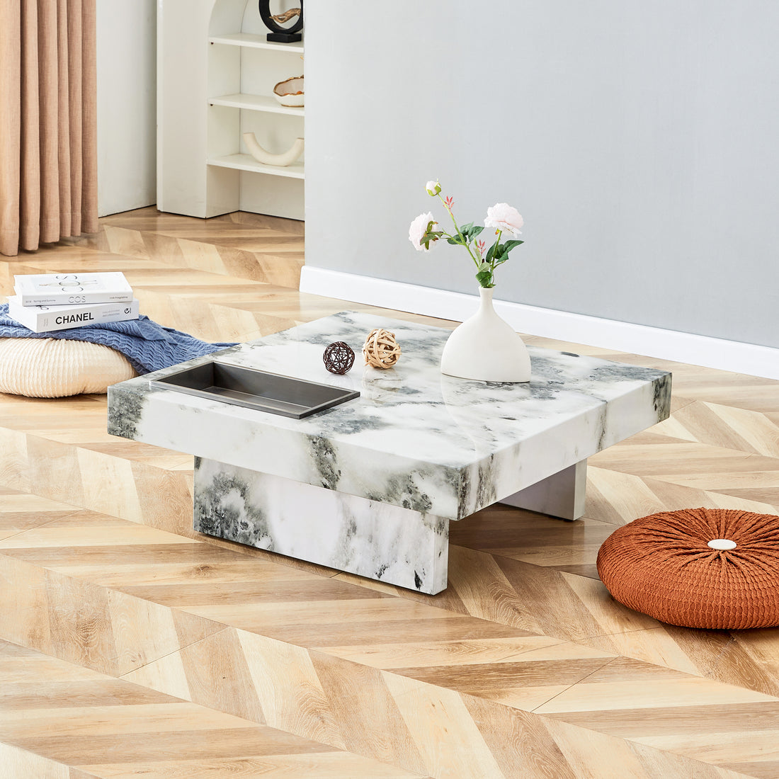 A Modern And Practical Coffee Table, Black And White In Imitation Marble Pattern, Made Of Mdf Material. The Fusion Of Elegance And Natural Fashion 31.4"* 31.4"* 12 " White Mdf