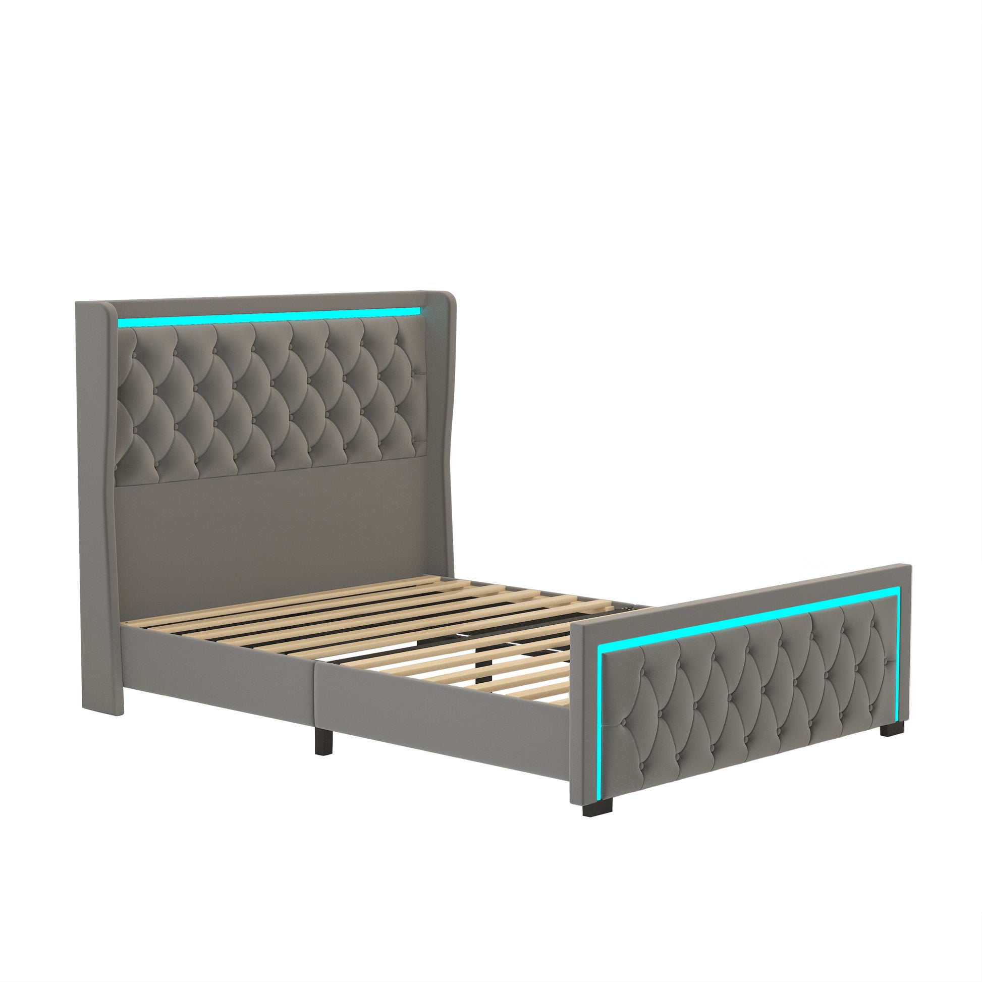 Queen Platform Bed Frame With High Headboard, Velvet Upholstered Bed With Deep Tufted Buttons, Adjustable Colorful Led Light Decorative Headboard, Wide Wingbacks,Grey Queen Grey Velvet