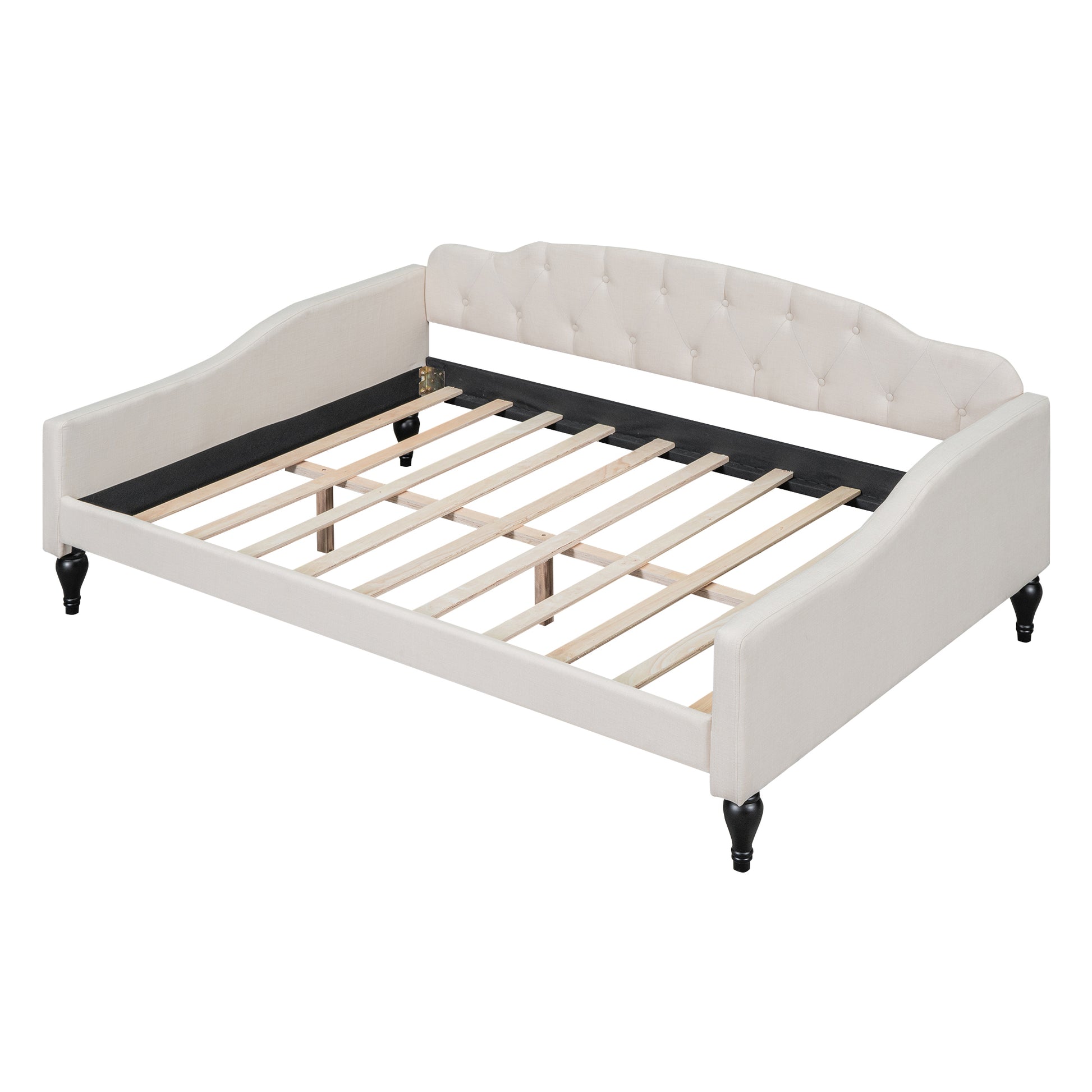 Full Size Upholstered Tufted Daybed, Beige Box Spring Not Required Beige Wood Linen Upholstered