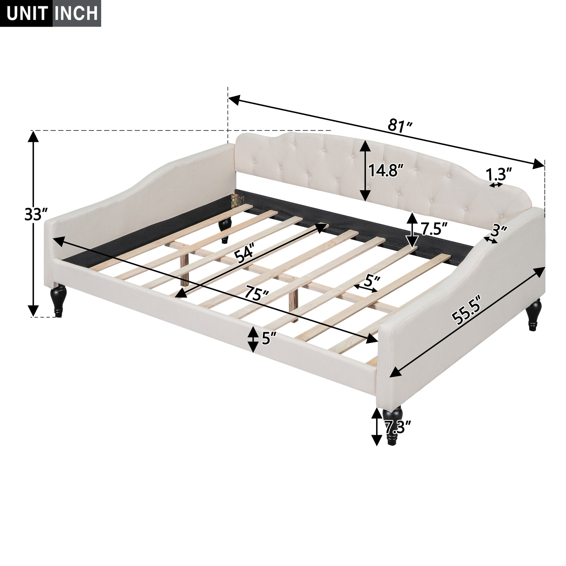 Full Size Upholstered Tufted Daybed, Beige Box Spring Not Required Beige Wood Linen Upholstered