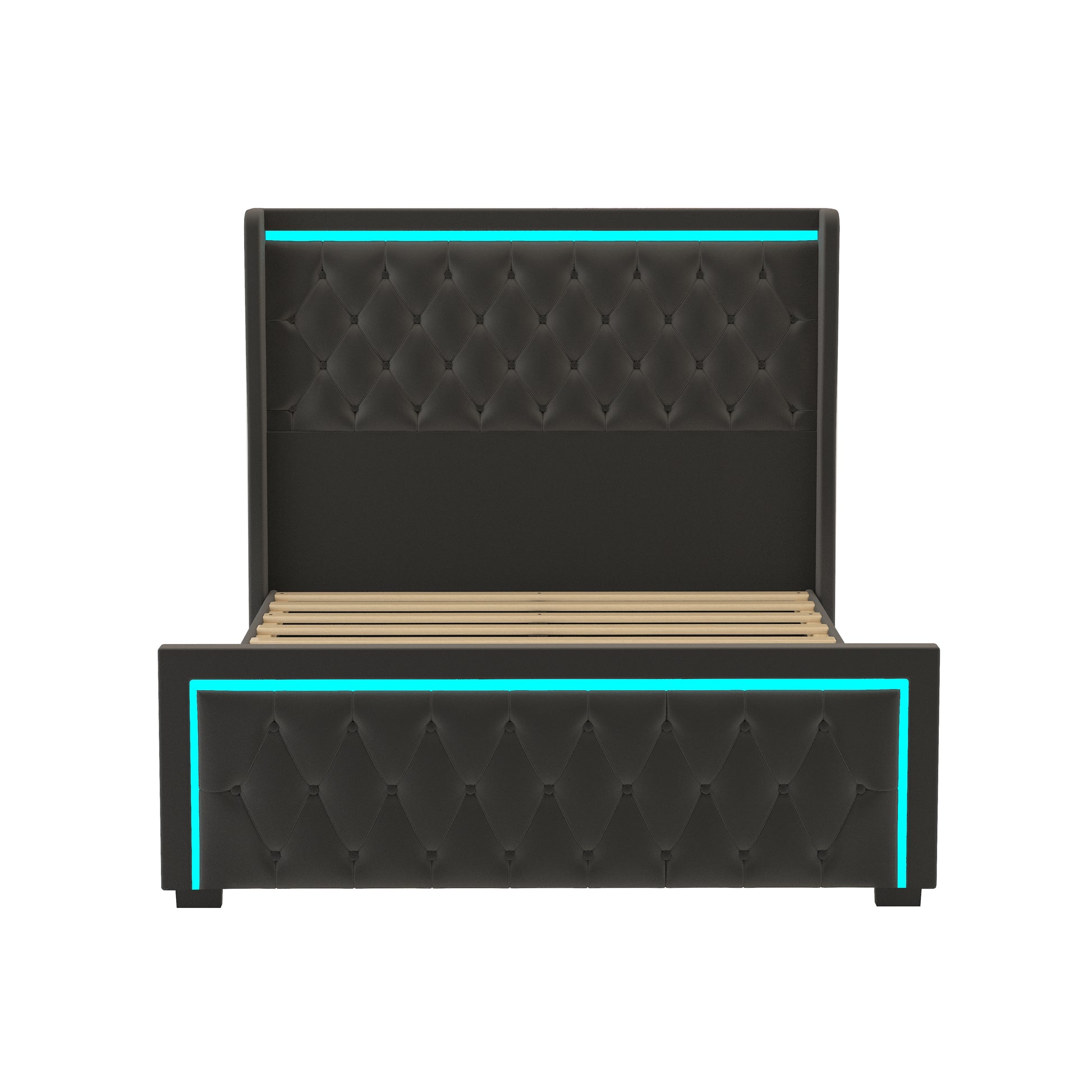 Queen Platform Bed Frame With High Headboard, Velvet Upholstered Bed With Deep Tufted Buttons, Adjustable Colorful Led Light Decorative Headboard, Wide Wingbacks,Black Queen Black Velvet