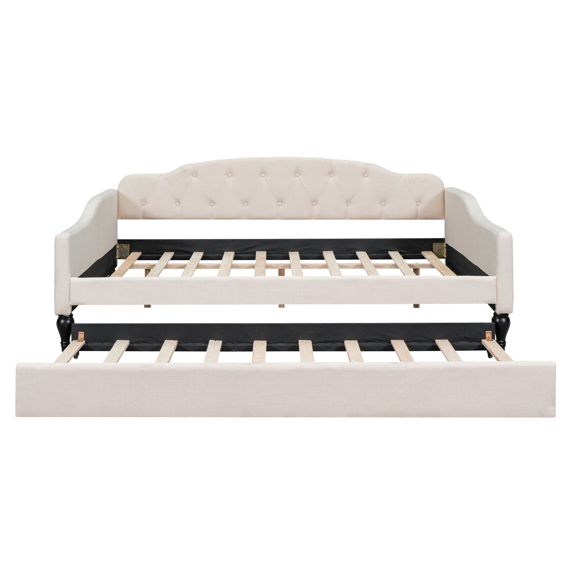 Full Size Upholstered Tufted Daybed With Twin Size Trundle, Beige Box Spring Not Required Full Beige Wood Daybeds Linen Upholstered