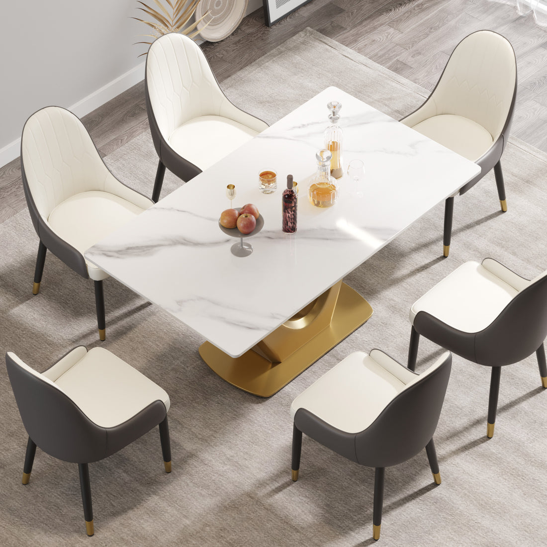 63 "Modern Artificial Stone White Panel Golden V Shaped Metal Legs Can Accommodate 6 8 People. White Gold Dining Room Metal Sintered Stone