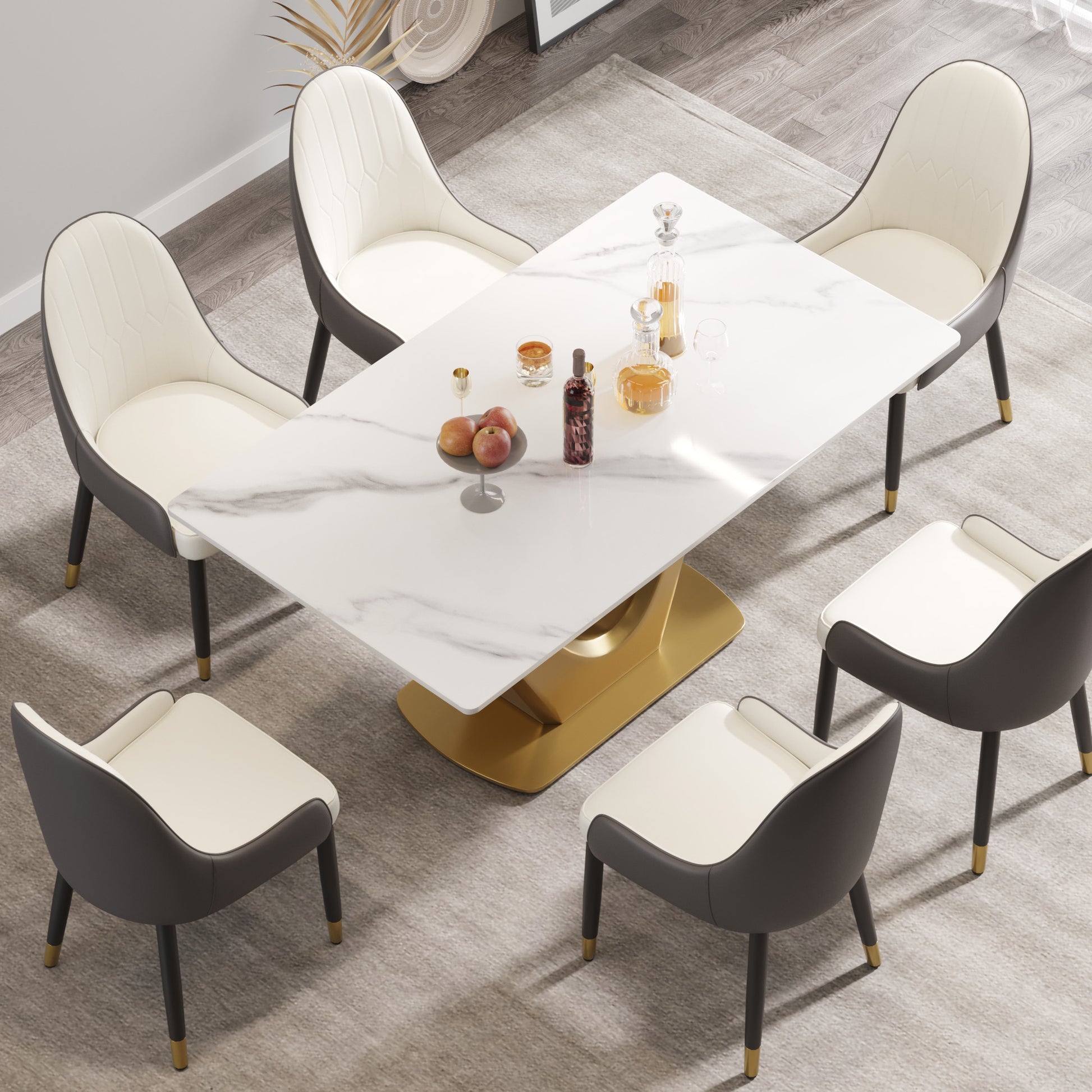 63 "Modern Artificial Stone White Panel Golden V Shaped Metal Legs Can Accommodate 6 8 People. White Gold Dining Room Metal Sintered Stone