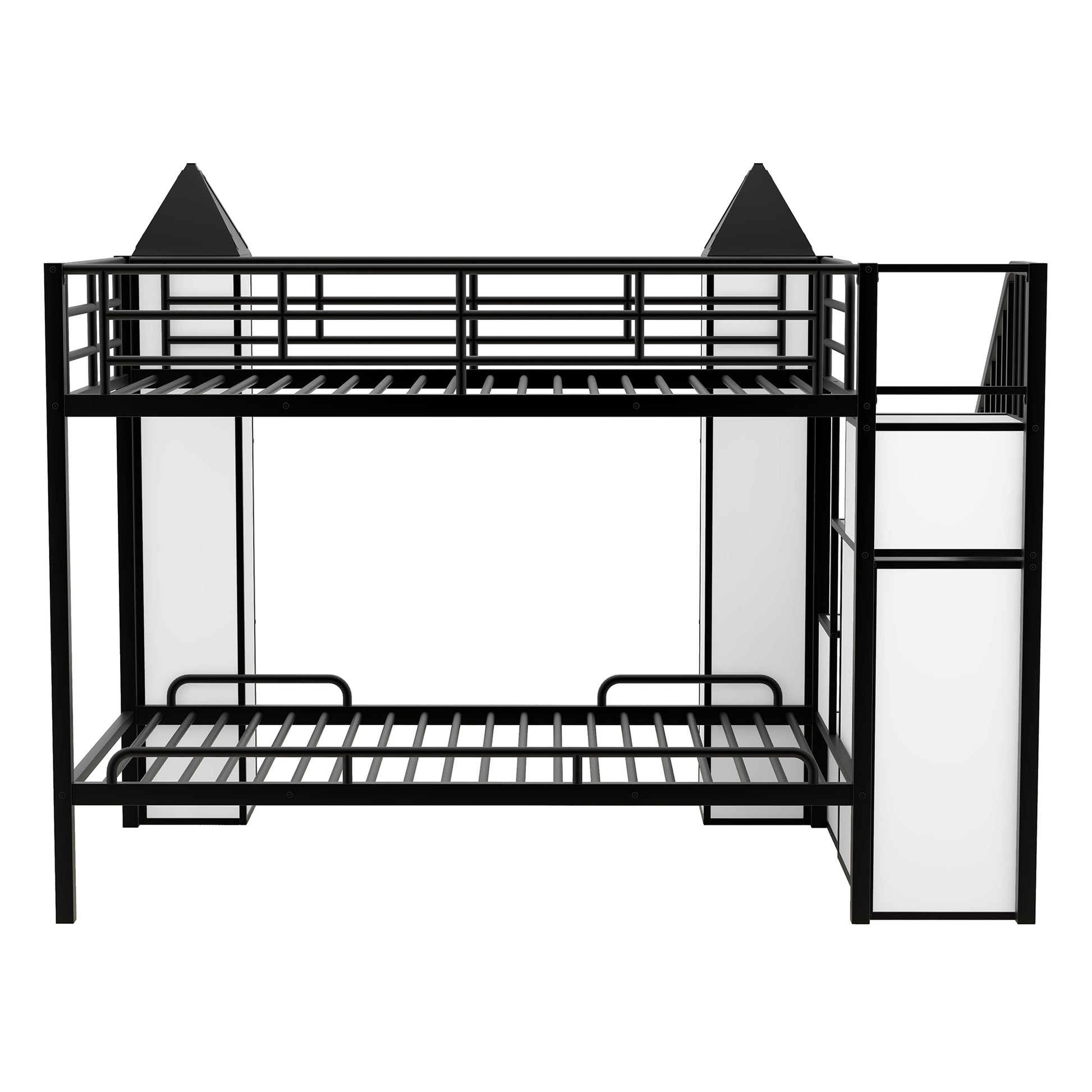 Metal Twin Over Twin Castle Shaped Bunk Bed With Wardrobe And Multiple Storage, Black White Box Spring Not Required Twin White Black Metal Bedroom Bunk Metal & Wood
