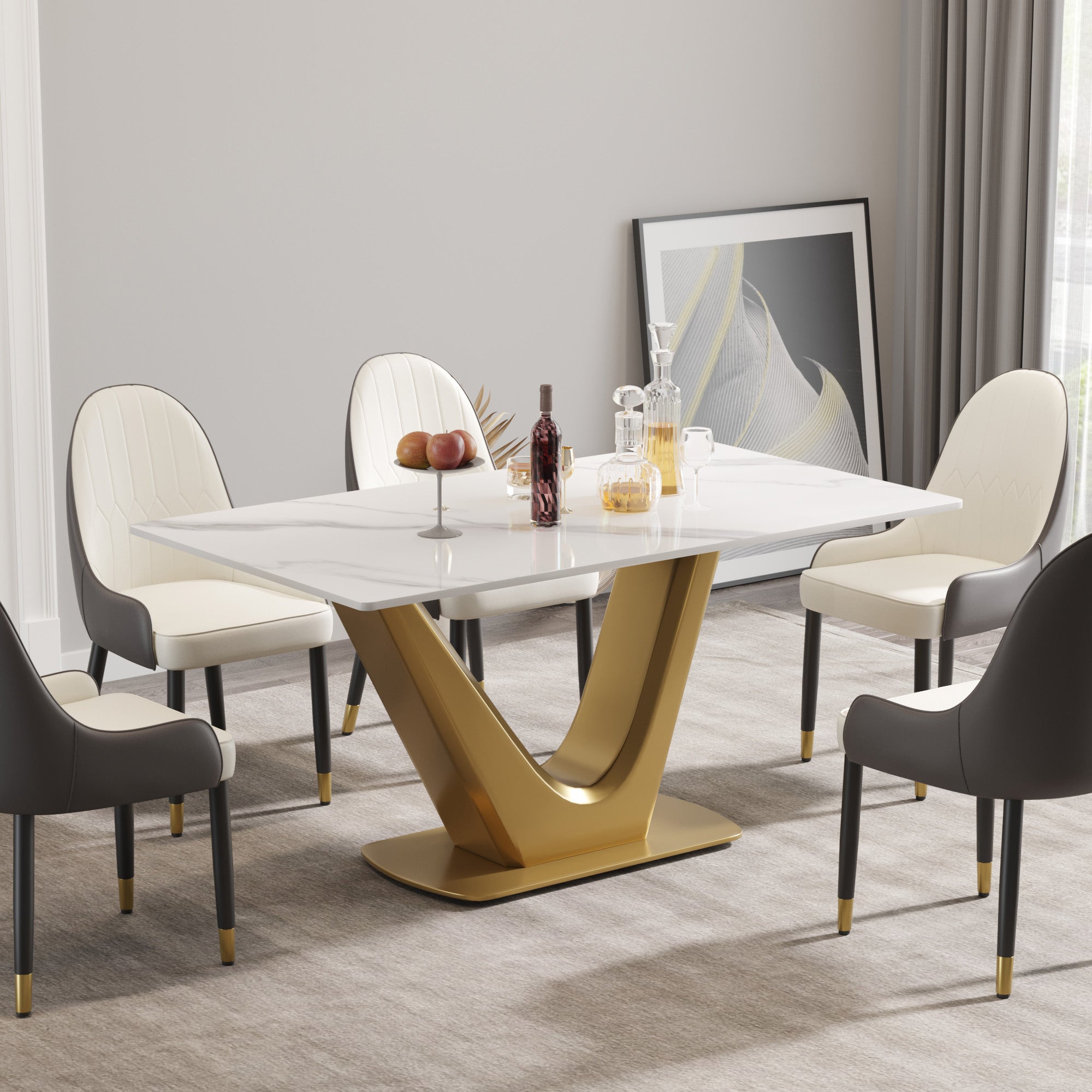 63 "Modern Artificial Stone White Panel Golden V Shaped Metal Legs Can Accommodate 6 8 People. White Gold Dining Room Metal Sintered Stone