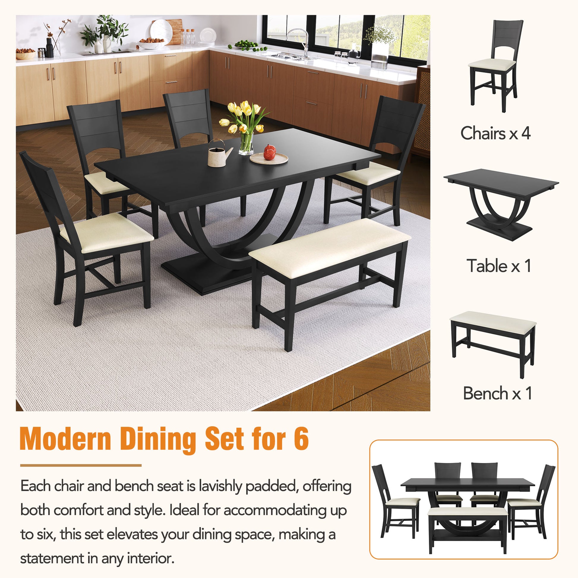 6 Piece Wood Half Round Dining Table Set Kitchen Table Set With Long Bench And 4 Dining Chairs, Modern Style, Gray Gray Wood Dining Room Bench Seating Rubberwood Rectangular Dining Table With Chair And Bench Upholstered Chair Wood Gray Solid Back Seats 6