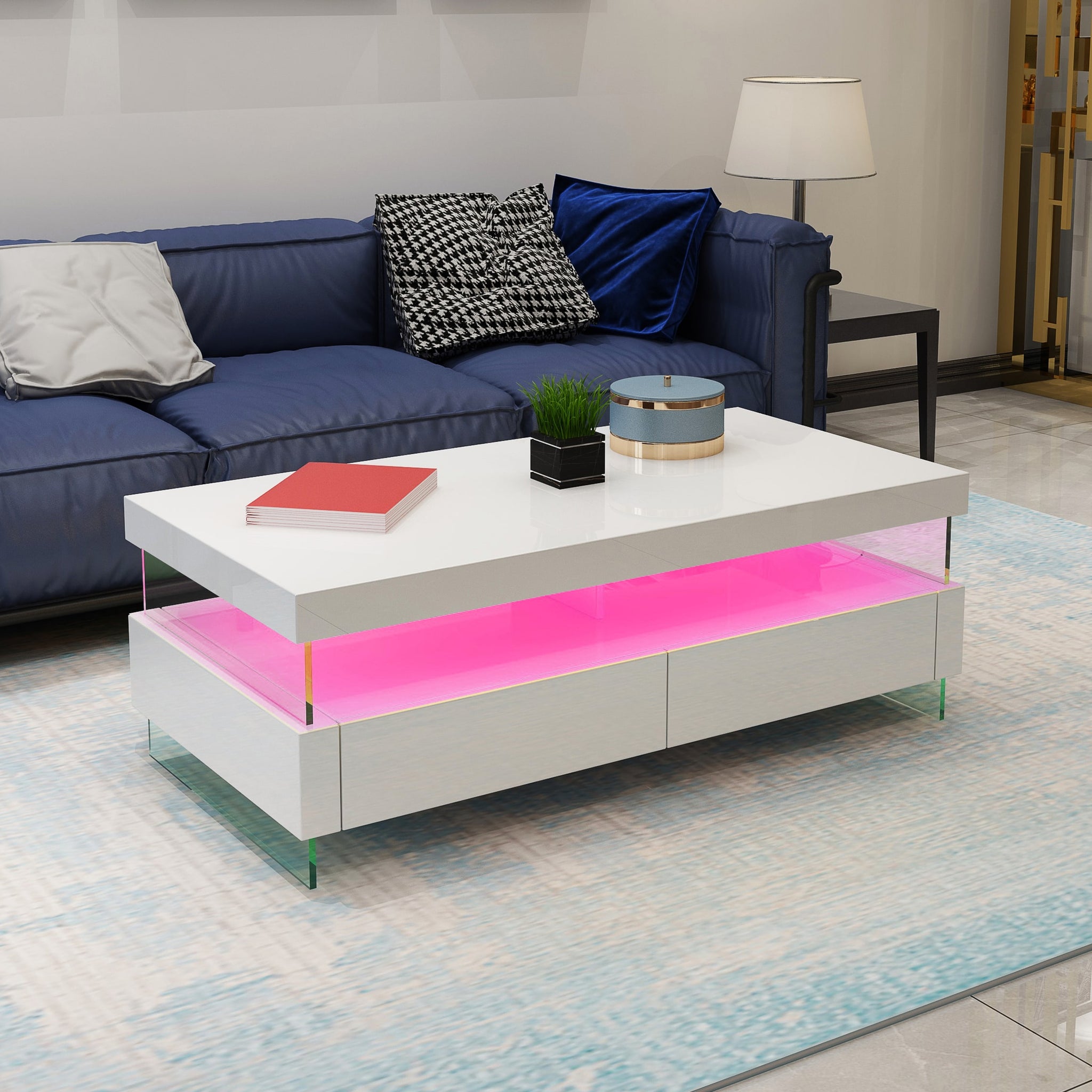 Ria Modern & Contemporary Style With Led Coffee Table Made With Wood & Glossy Finish In White Color White Contemporary,Modern Rectangular Coffee & End Tables Glossy Wood