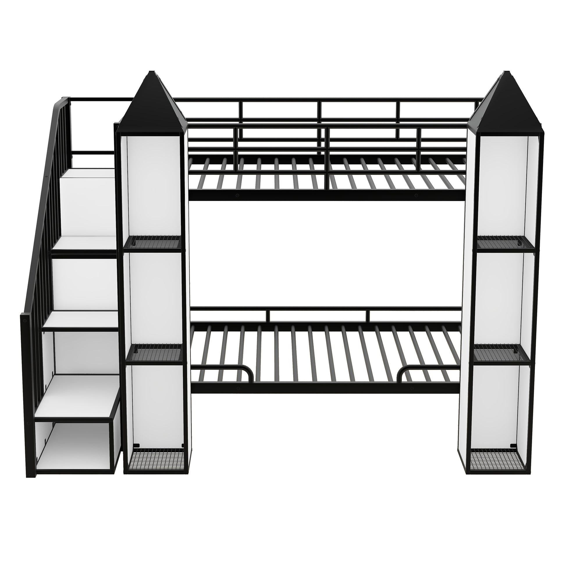 Metal Twin Over Twin Castle Shaped Bunk Bed With Wardrobe And Multiple Storage, Black White Box Spring Not Required Twin White Black Metal Bedroom Bunk Metal & Wood