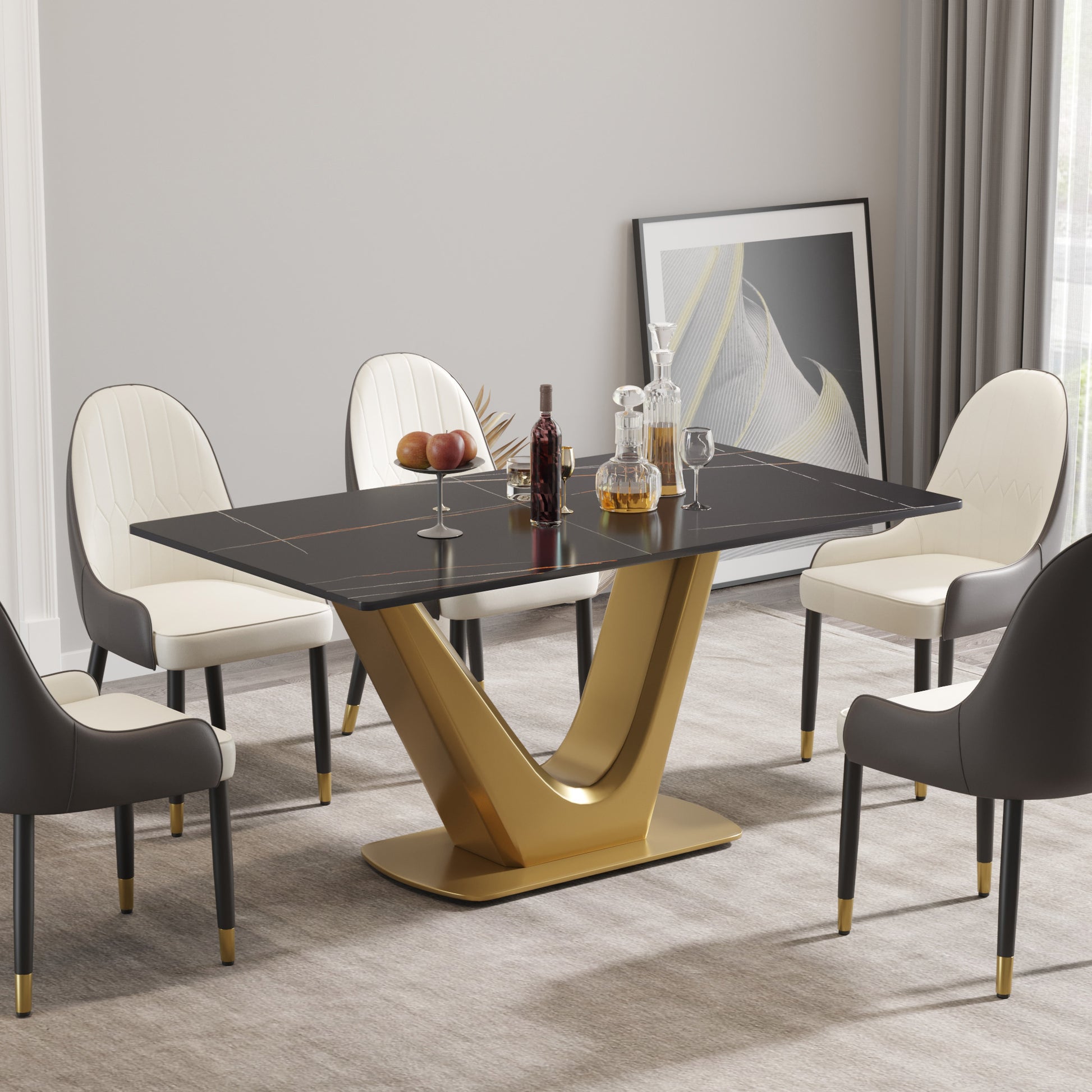 63 "Modern Artificial Stone Black Panel Golden V Shaped Metal Legs Can Accommodate 6 8 People. Black Gold Dining Room Metal Sintered Stone