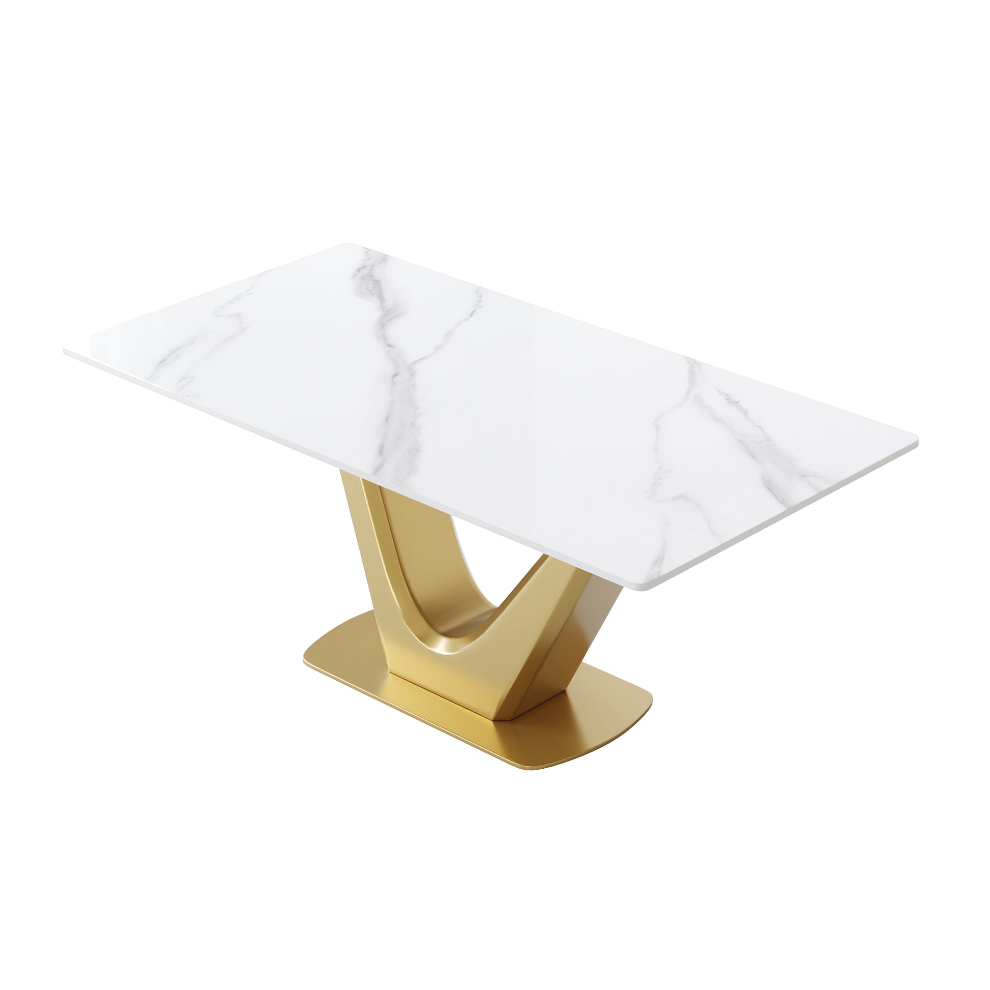 63 "Modern Artificial Stone White Panel Golden V Shaped Metal Legs Can Accommodate 6 8 People. White Gold Dining Room Metal Sintered Stone