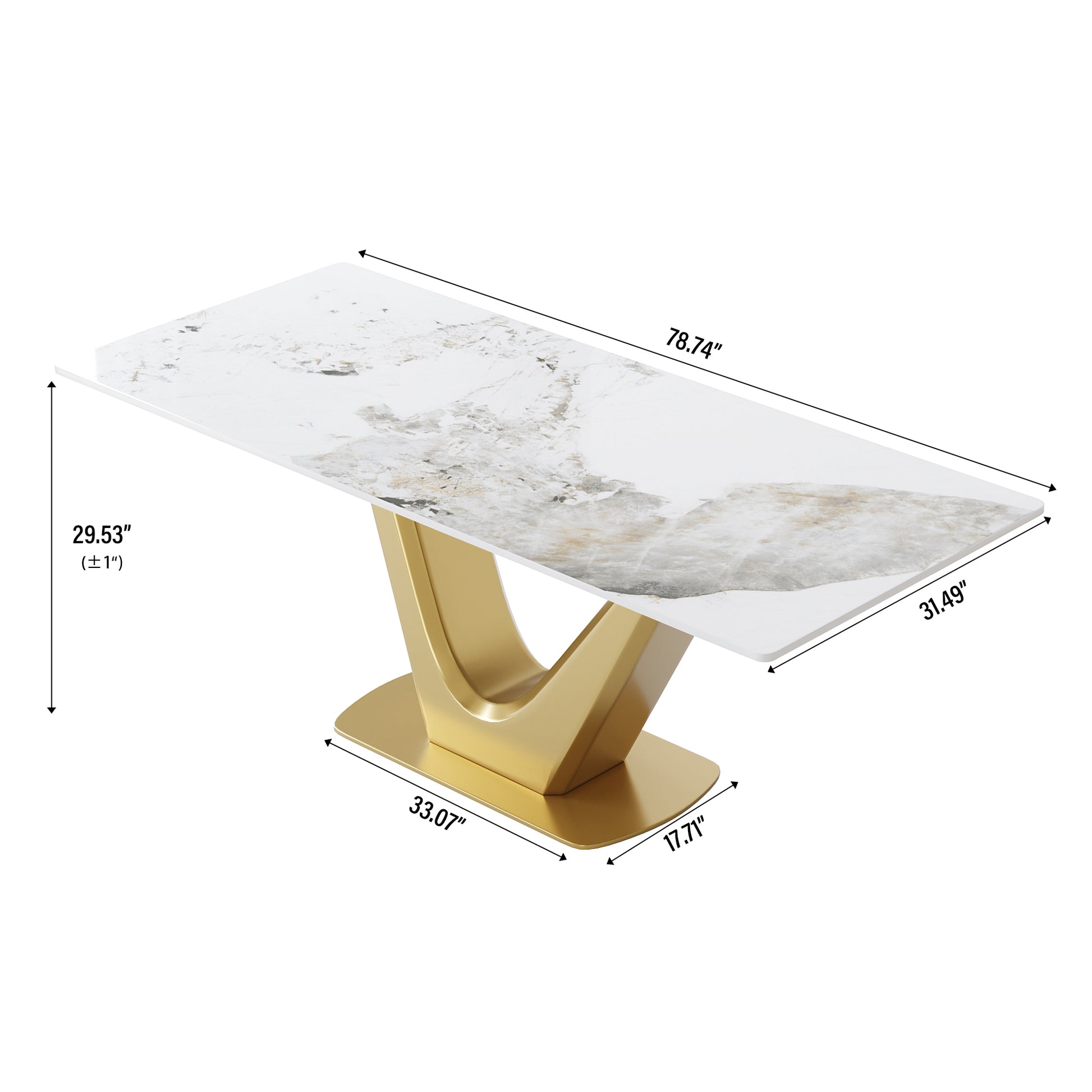78.74 "Modern Artificial Stone Pandora White Panel Golden V Shaped Metal Legs Can Accommodate 8 People. White Gold Dining Room Metal Sintered Stone