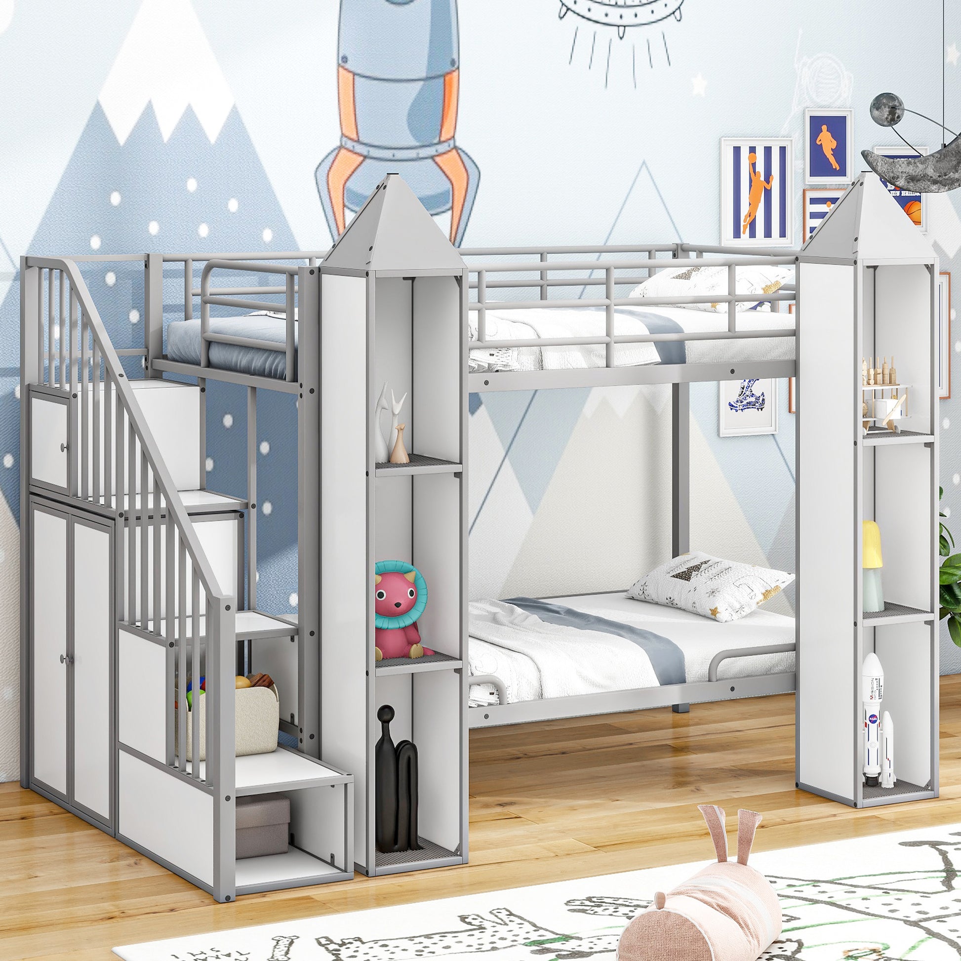Metal Twin Over Twin Castle Shaped Bunk Bed With Wardrobe And Multiple Storage, Gray White Box Spring Not Required Twin White Gray Metal Bedroom Bunk Metal & Wood
