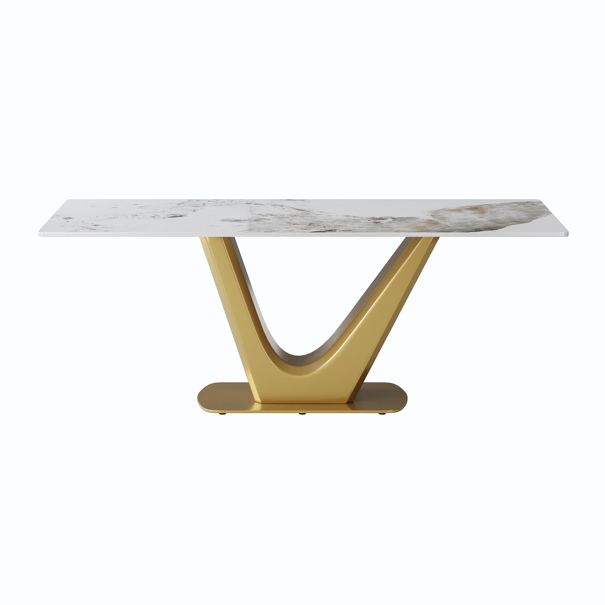 78.74 "Modern Artificial Stone Pandora White Panel Golden V Shaped Metal Legs Can Accommodate 8 People. White Gold Dining Room Metal Sintered Stone