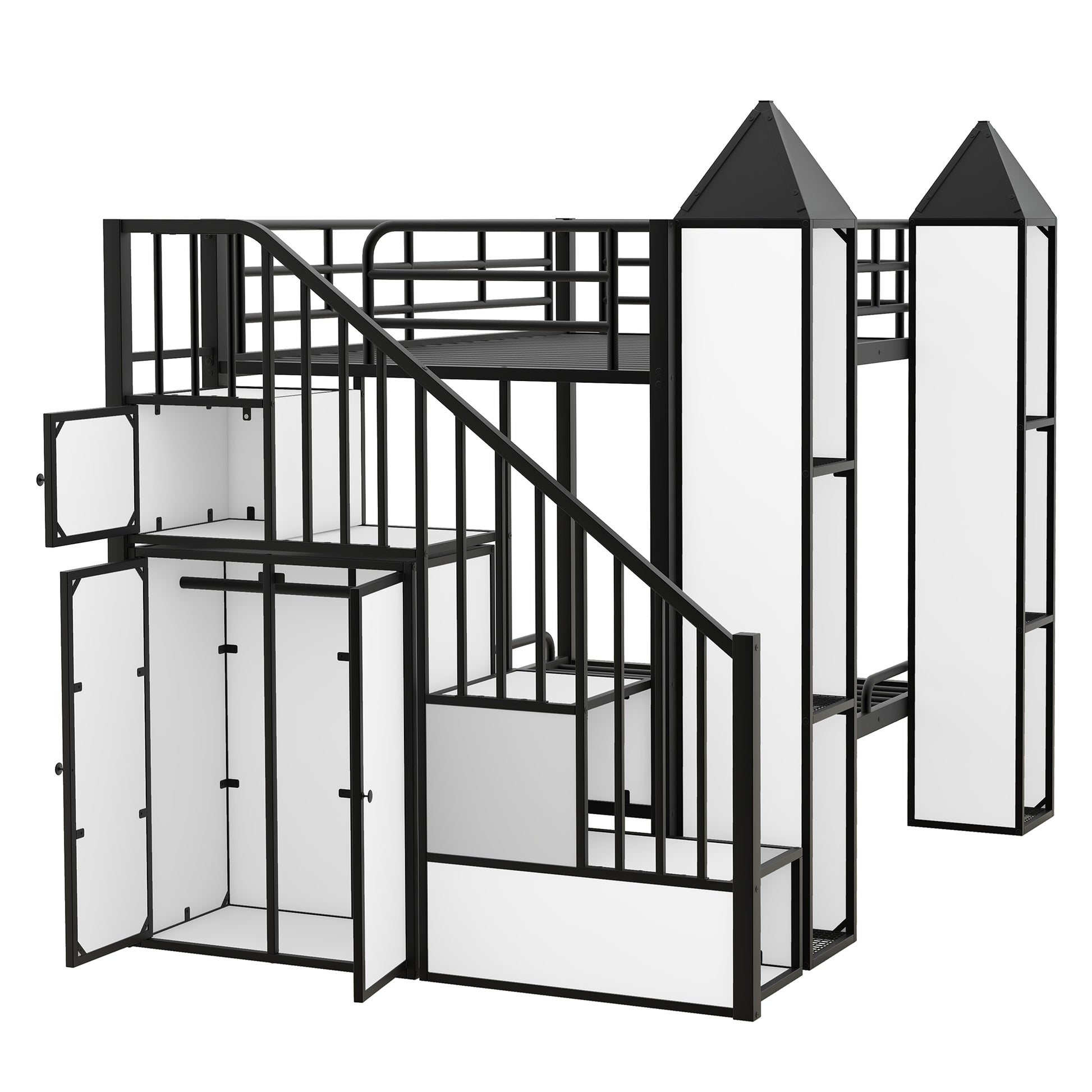 Metal Twin Over Twin Castle Shaped Bunk Bed With Wardrobe And Multiple Storage, Black White Box Spring Not Required Twin White Black Metal Bedroom Bunk Metal & Wood
