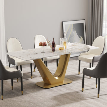 78.74 "Modern Artificial Stone Pandora White Panel Golden V Shaped Metal Legs Can Accommodate 8 People. White Gold Dining Room Metal Sintered Stone
