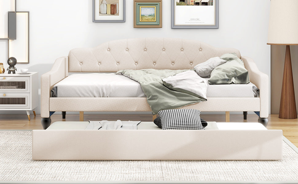 Full Size Upholstered Tufted Daybed With Twin Size Trundle, Beige Box Spring Not Required Full Beige Wood Daybeds Linen Upholstered