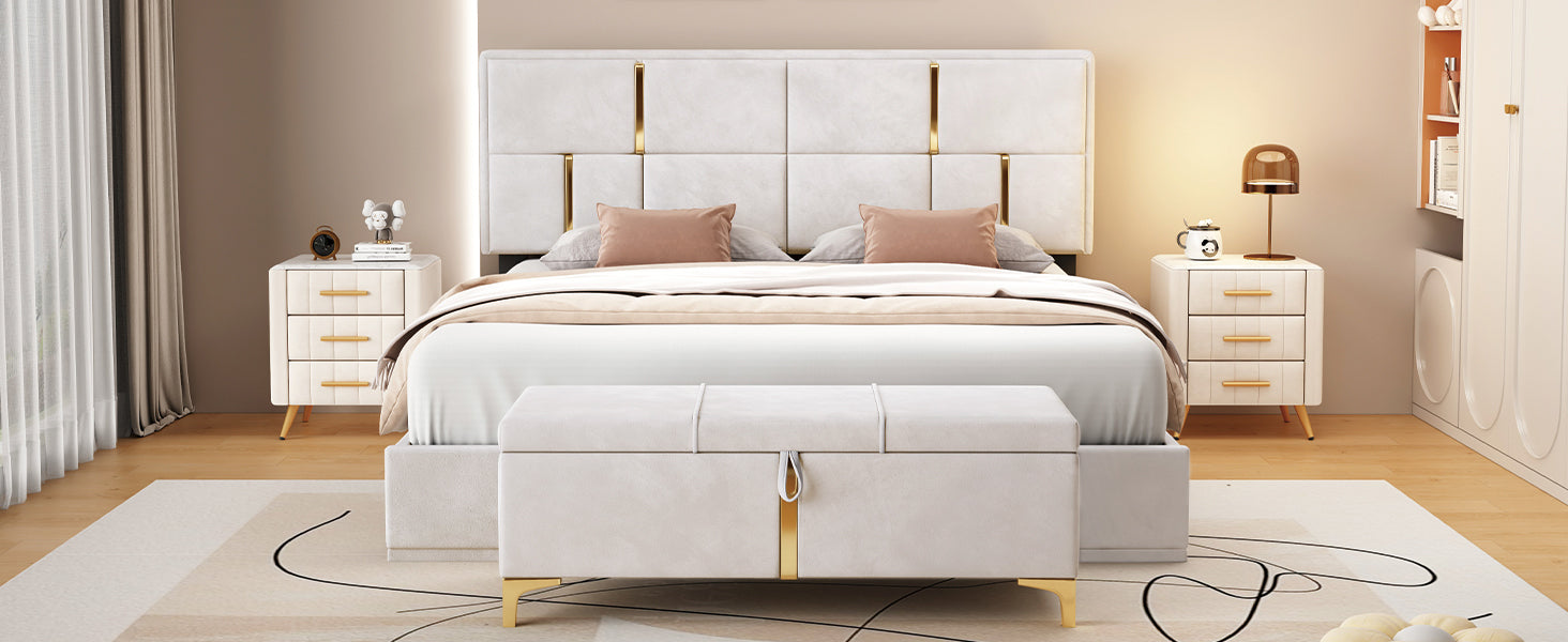 2 Pieces Bedroom Sets,Queen Size Upholstered Platform Bed With Hydraulic Storage System,Storage Ottoman With Metal Legs,Beige Beige Velvet