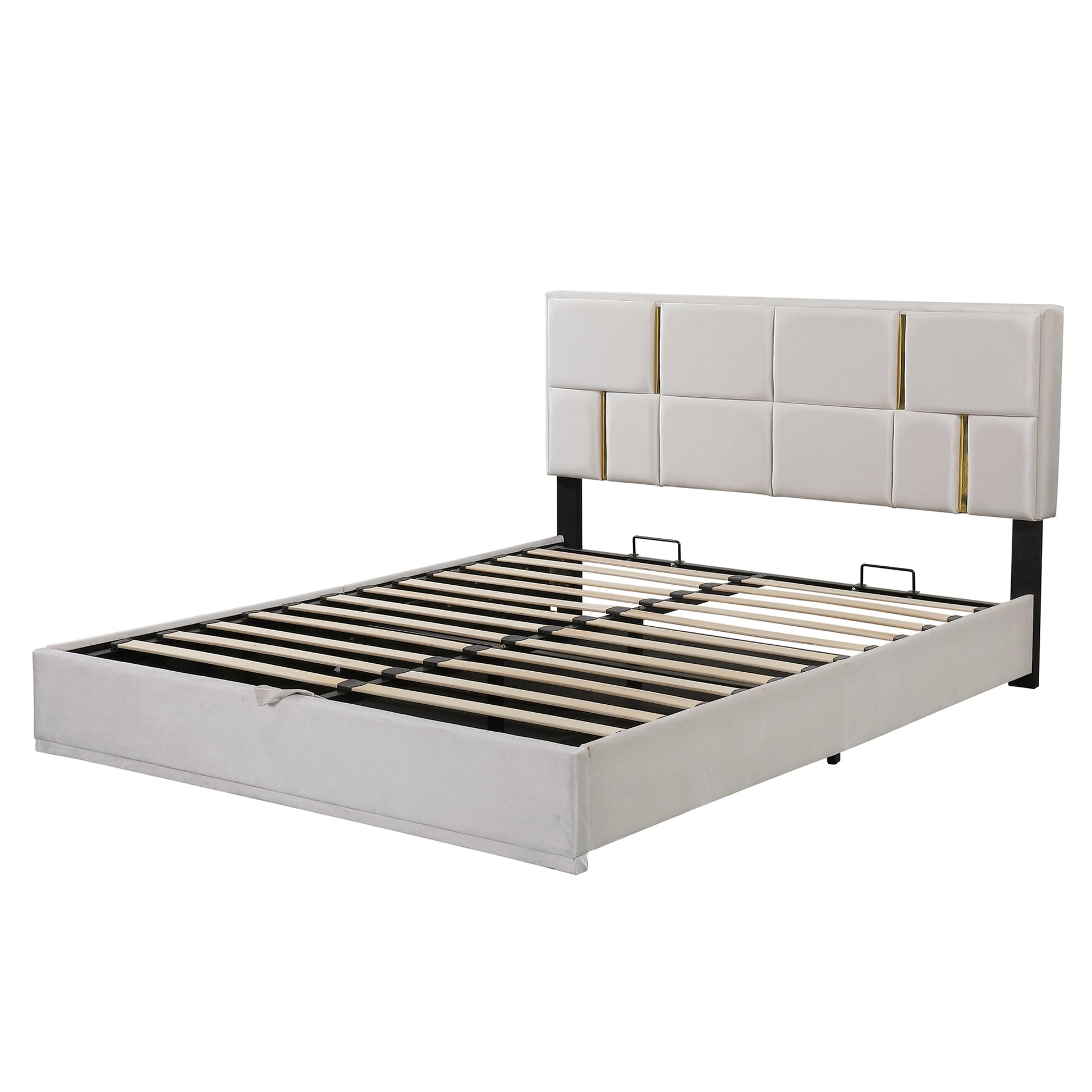 Queen Size Upholstered Platform Bed With Hydraulic Storage System,No Box Spring Needed,Beige Beige Velvet