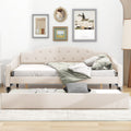 Full Size Upholstered Tufted Daybed With Twin Size Trundle, Beige Box Spring Not Required Full Beige Wood Daybeds Linen Upholstered