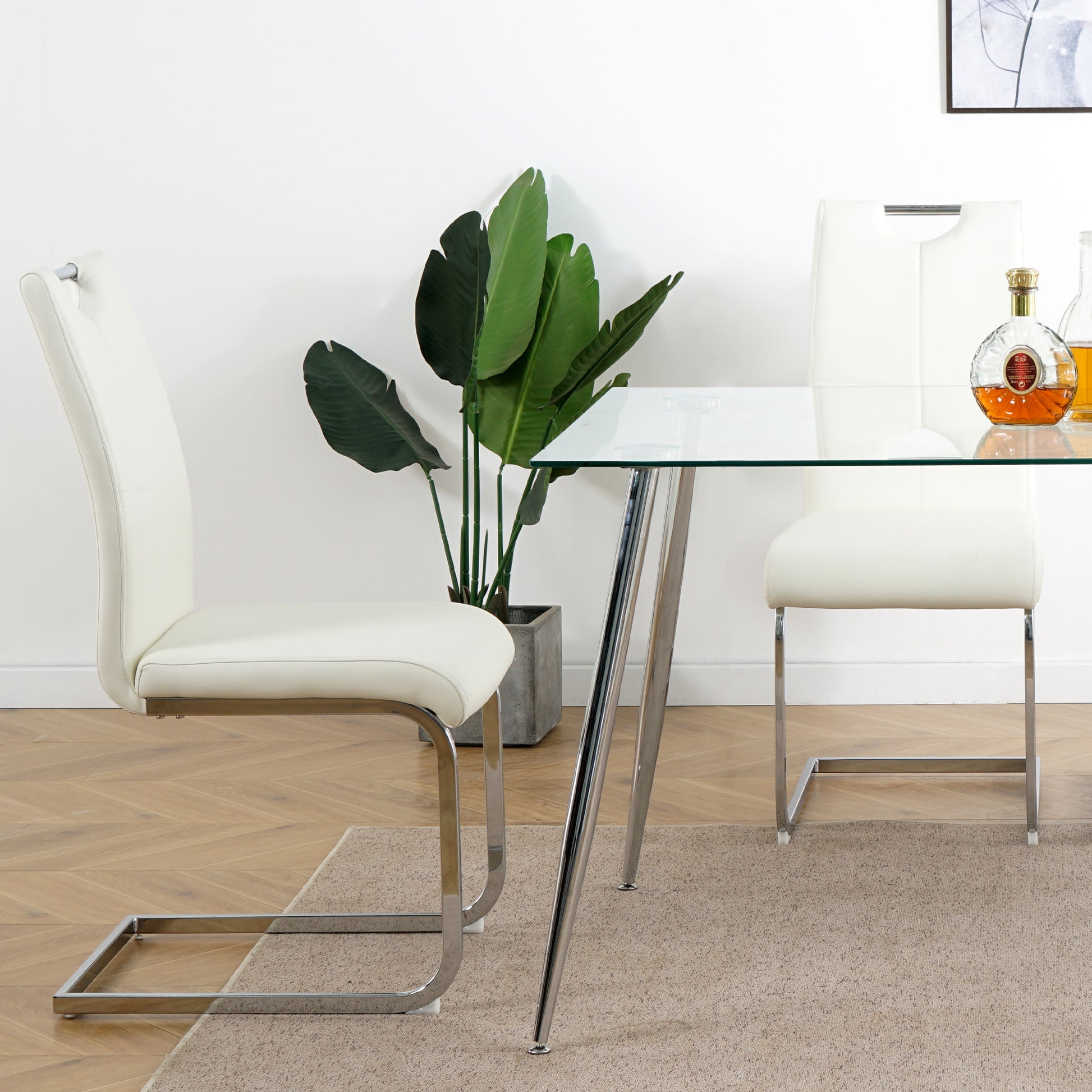Modern Dining Chairs With Faux Leather Padded Seat Dining Living Room Chairs Upholstered Chair With Chrome Metal Legs Design For Kitchen, Living, Bedroom, Dining Room Side Chairs Set Of 2 White